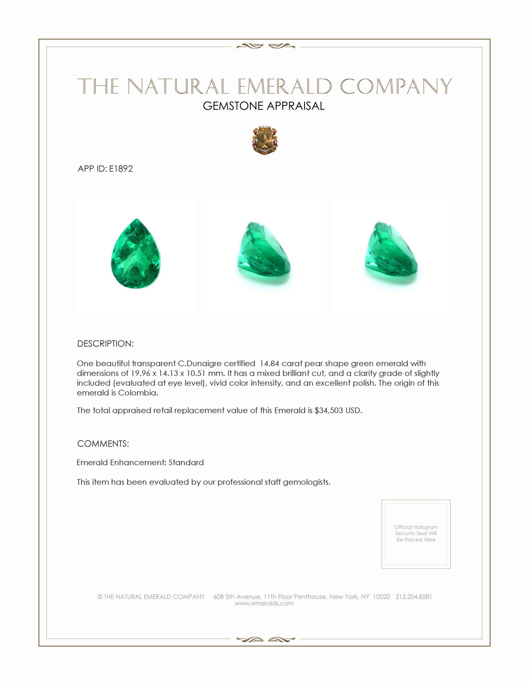 14.84 Ct. Emerald from Colombia