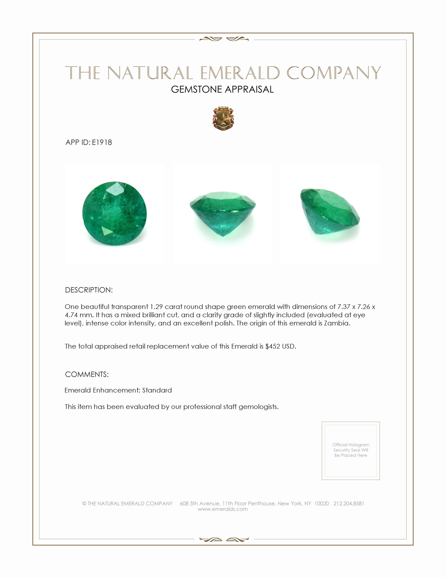 1.29 Ct. Emerald from Zambia