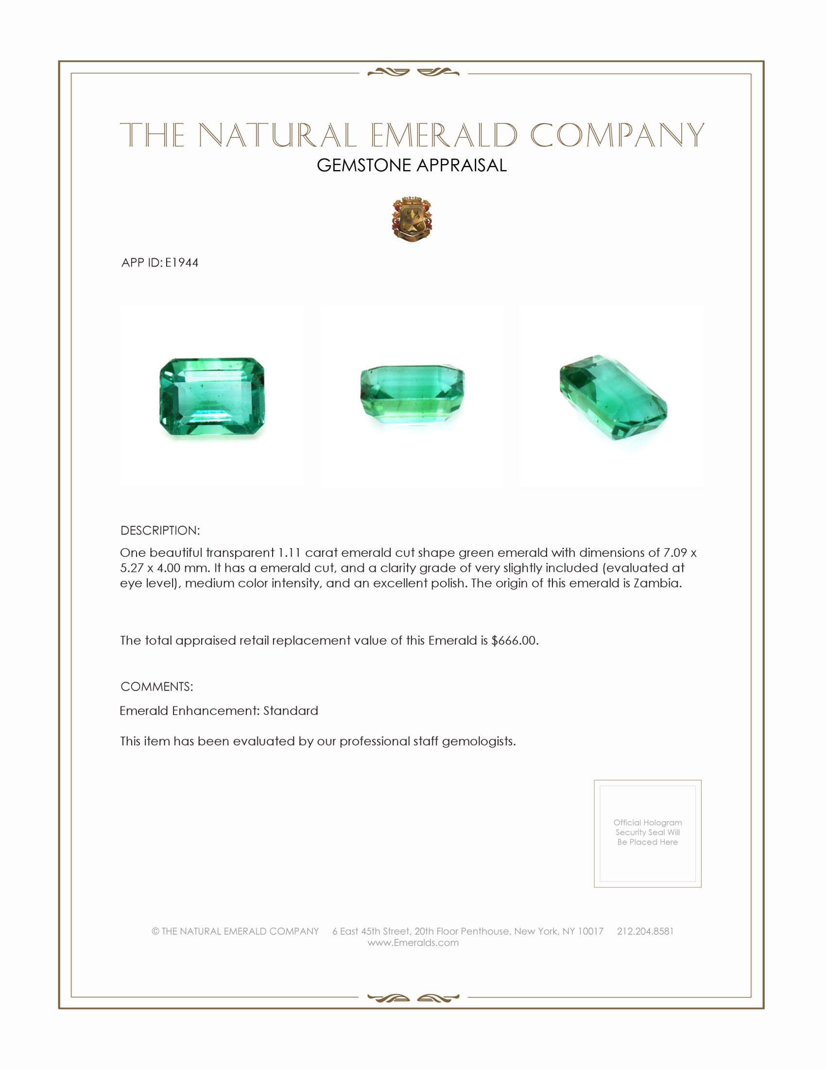 1.11 Ct. Emerald from Zambia