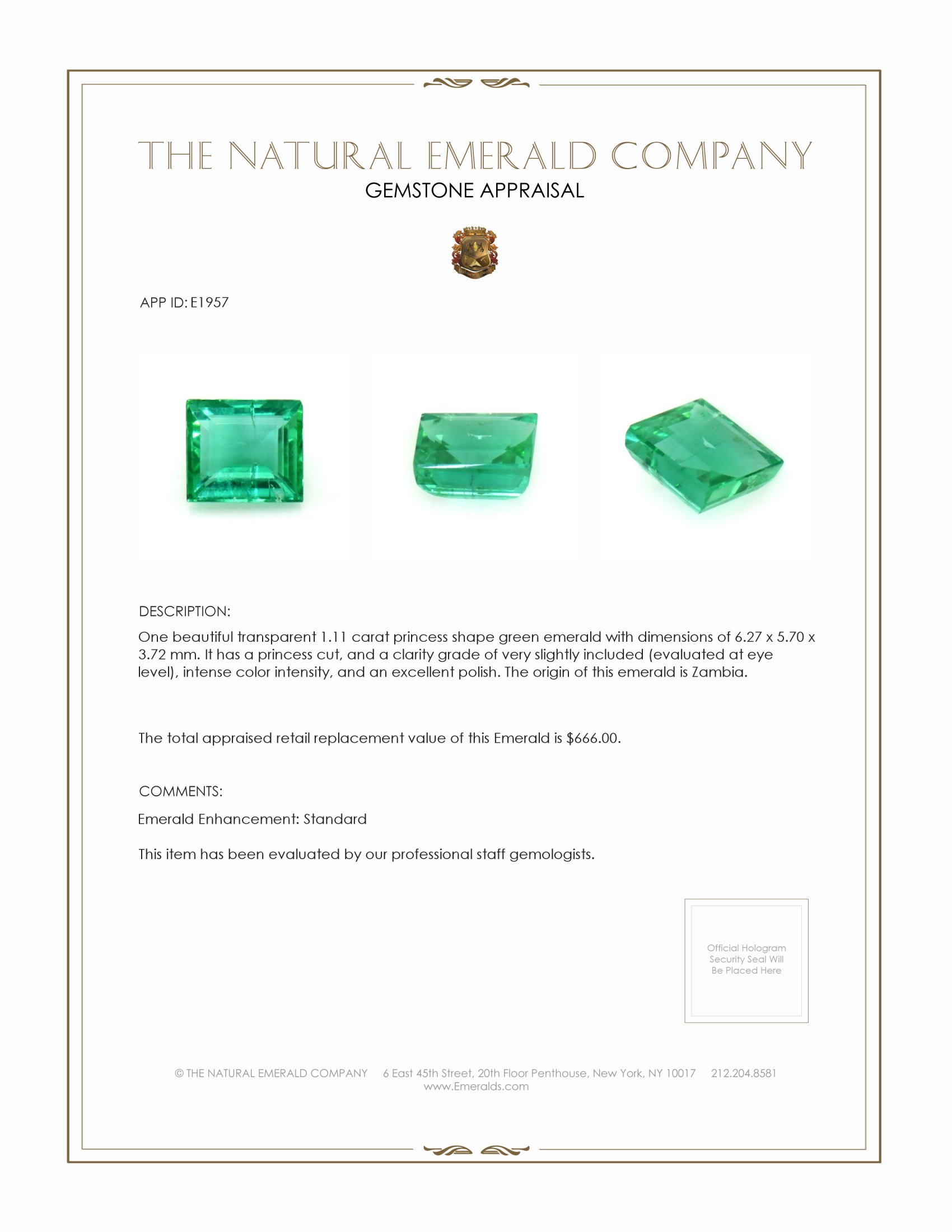 1.11 Ct. Emerald from Zambia