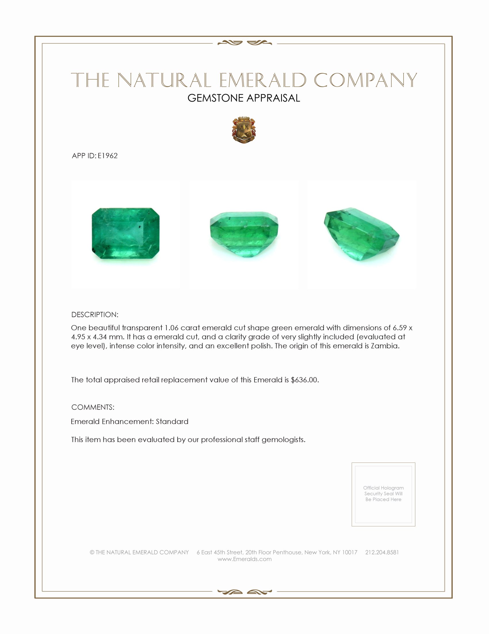 1.06 Ct. Emerald from Zambia