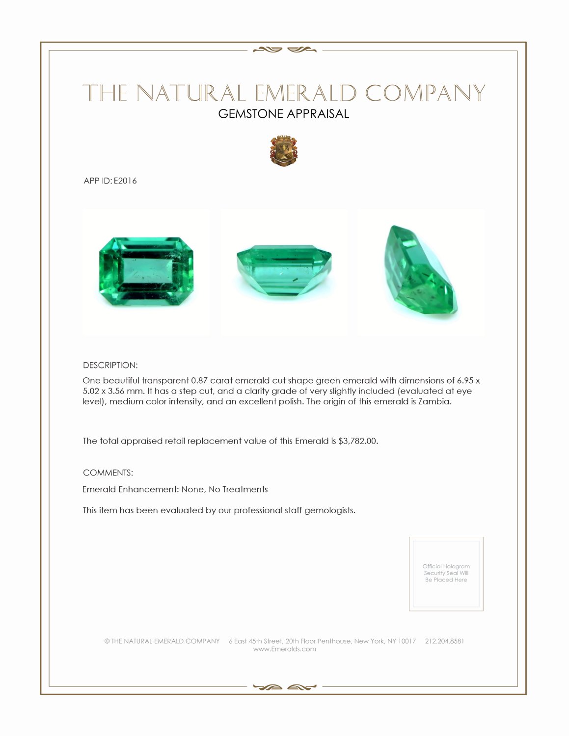 0.87 Ct. Emerald from Zambia