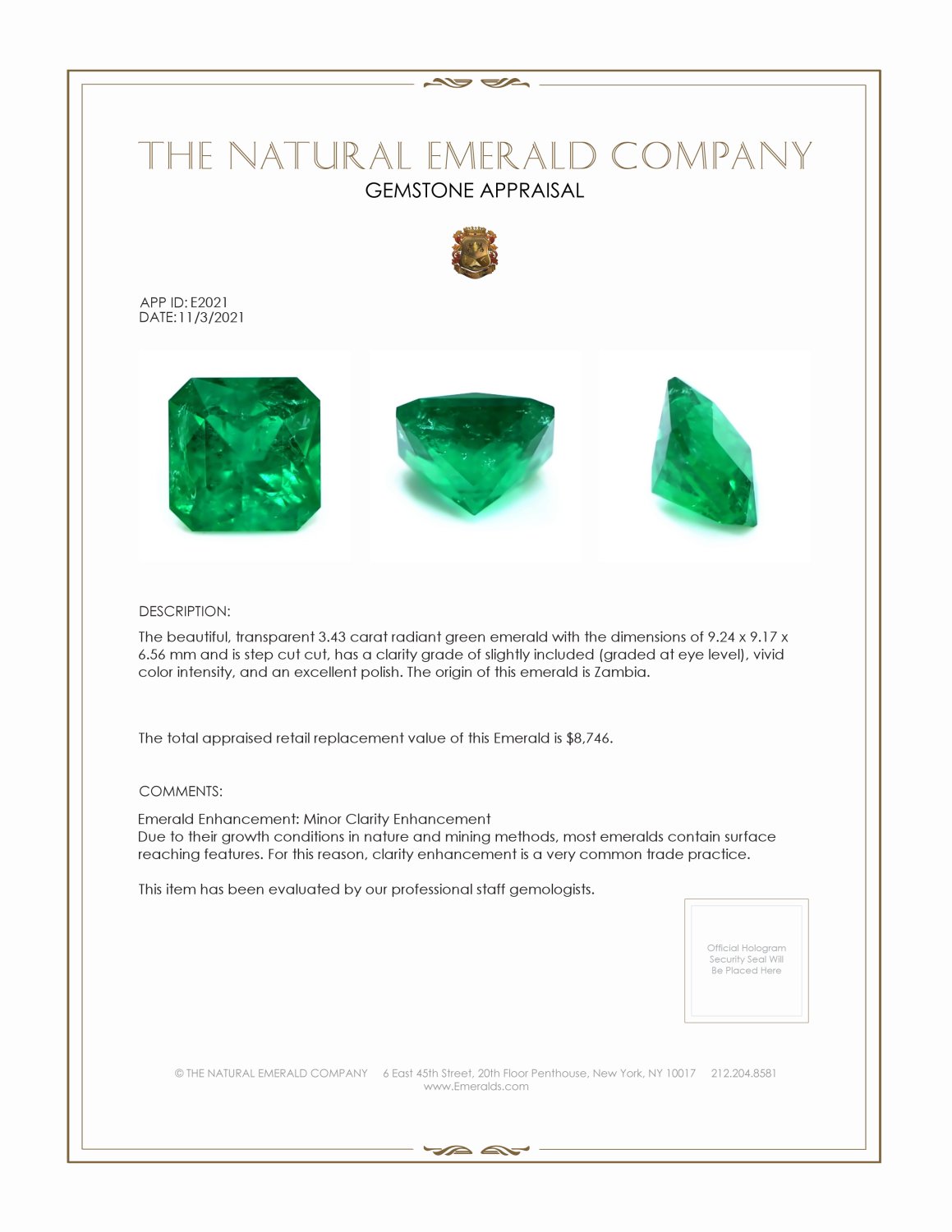 3.43 Ct. Emerald from Zambia