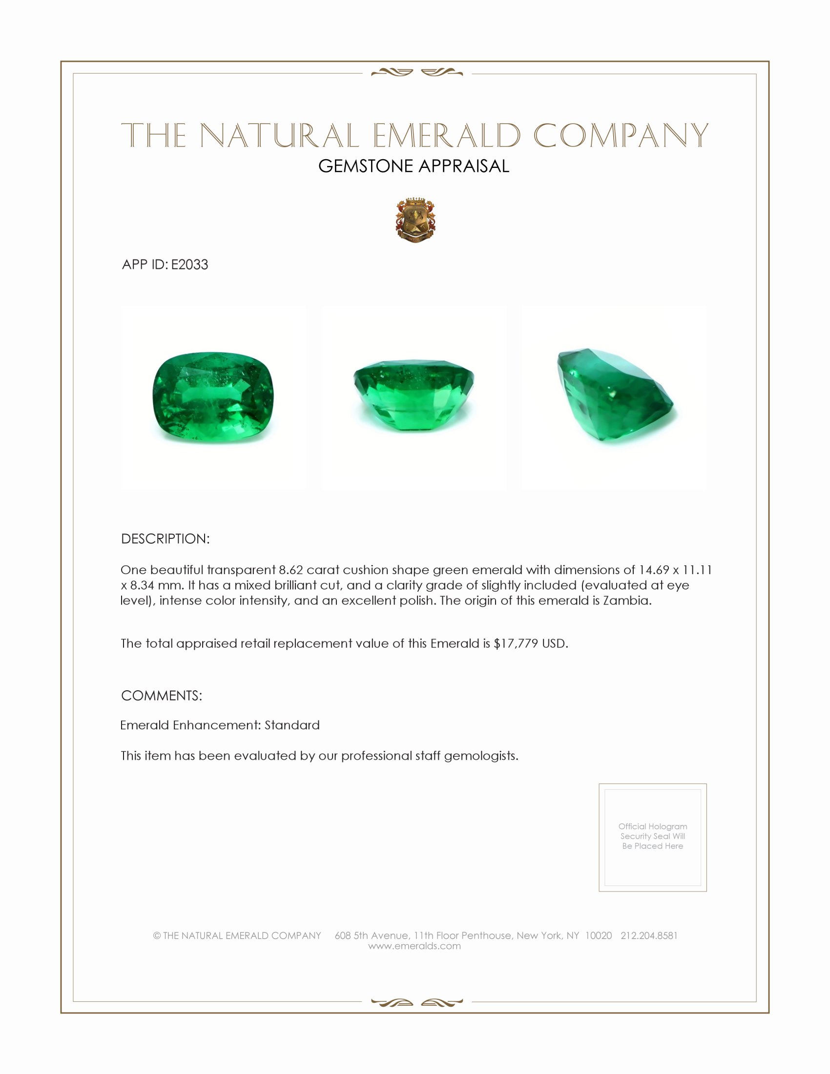 8.62 Ct. Emerald from Zambia