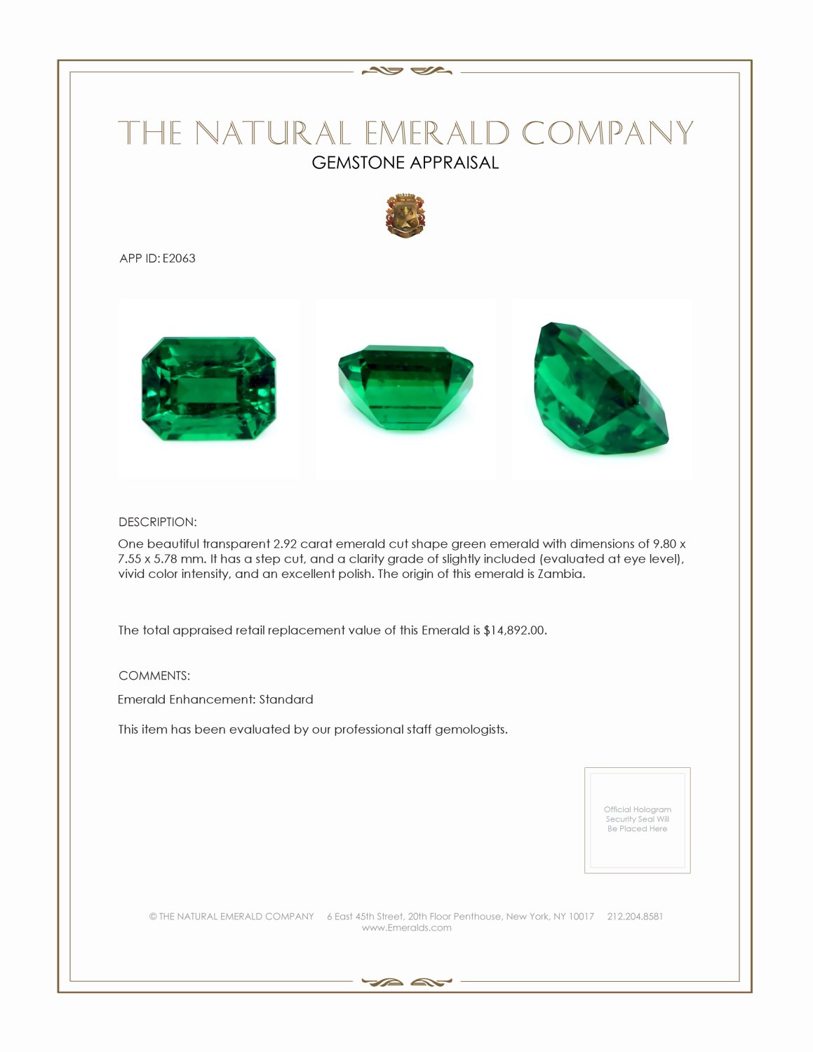 2.92 Ct. Emerald from Zambia