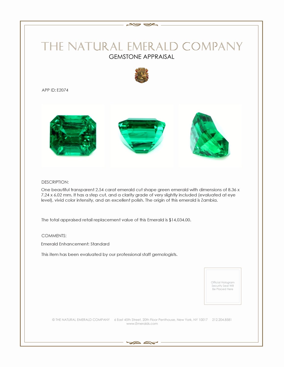 2.54 Ct. Emerald from Zambia