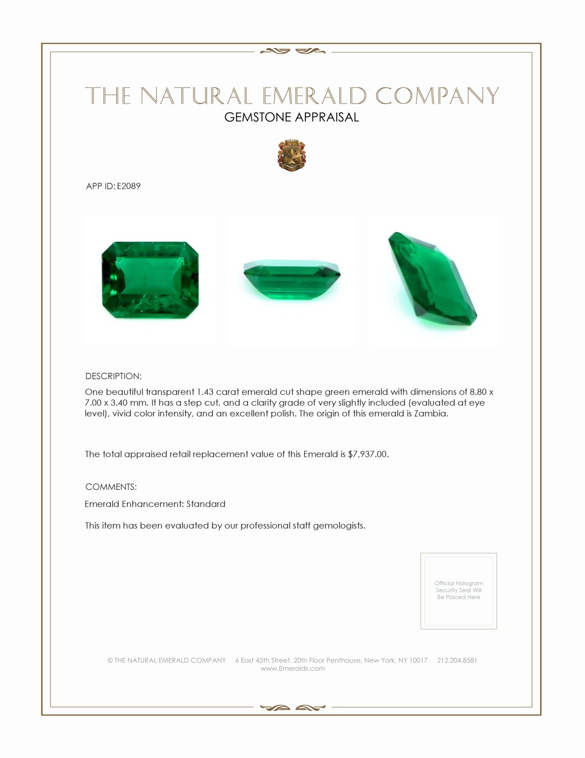 1.43 Ct. Emerald from Zambia