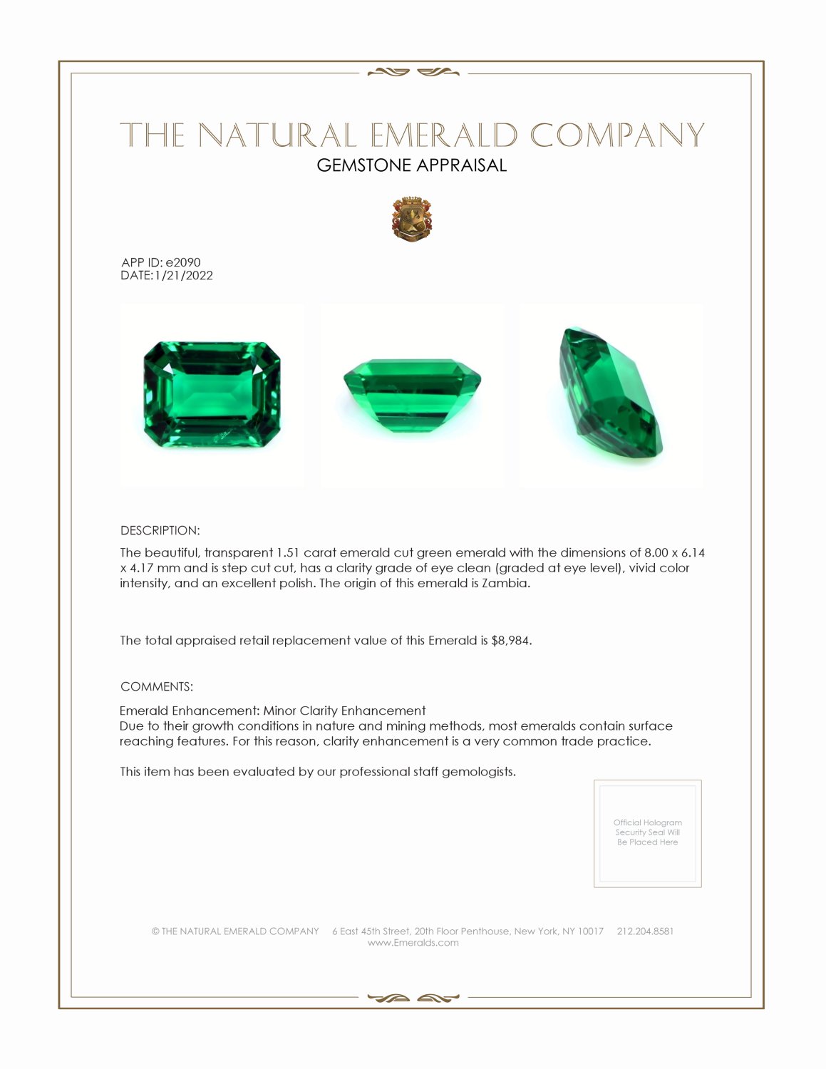 1.51 Ct. Emerald from Zambia