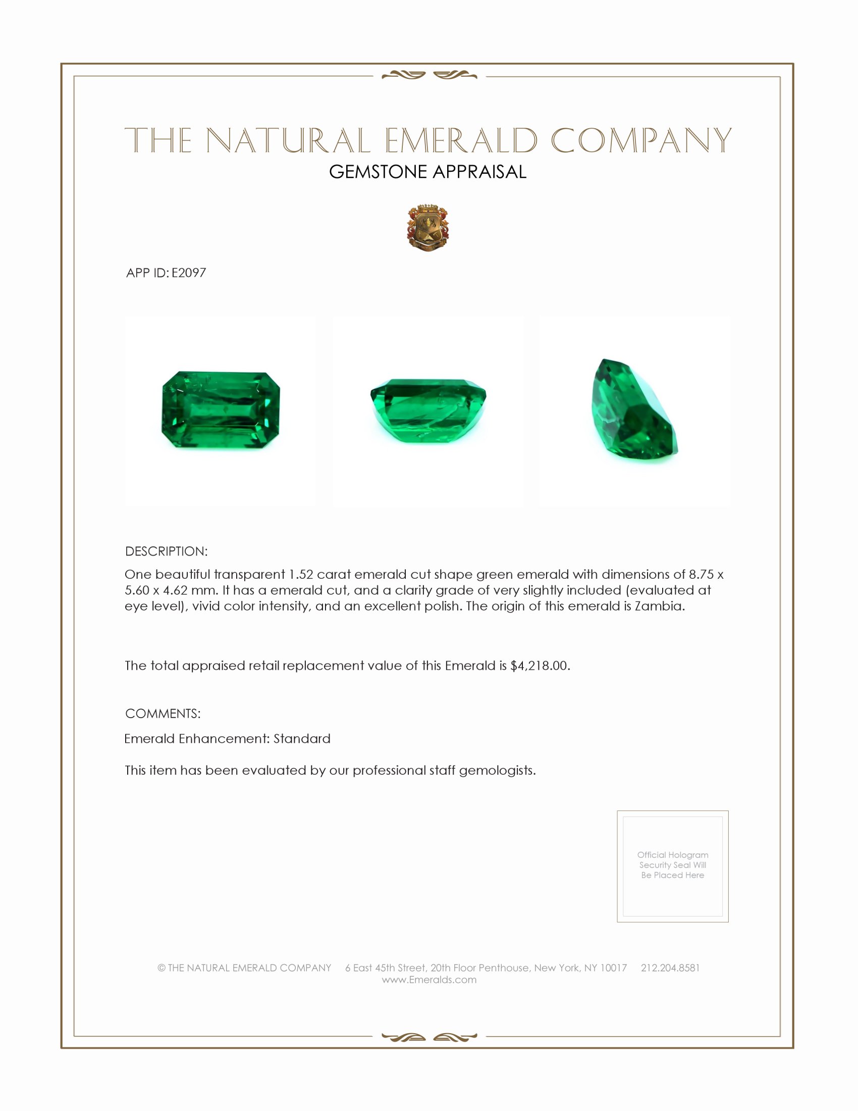 1.52 Ct. Emerald from Zambia