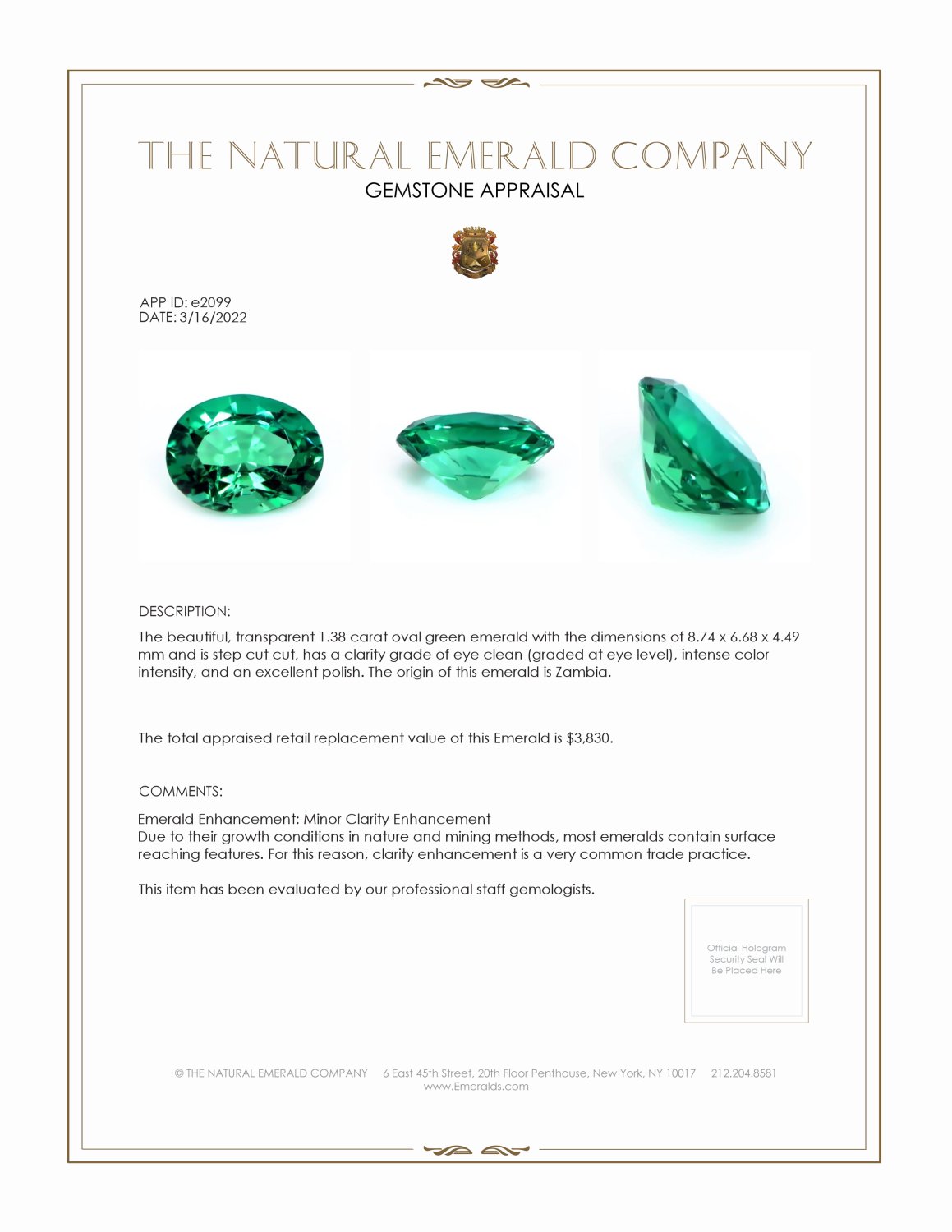 1.38 Ct. Emerald from Zambia