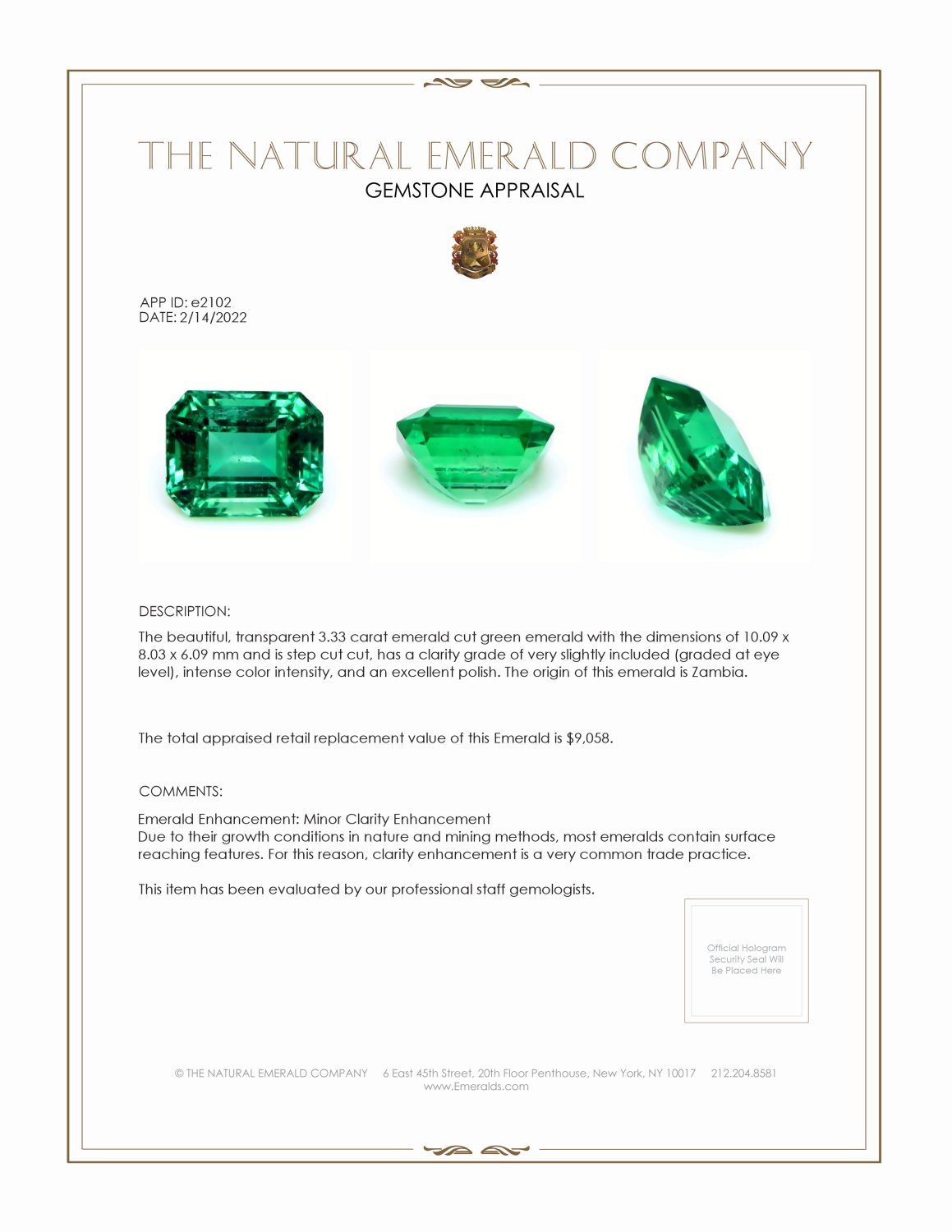 3.33 Ct. Emerald from Zambia
