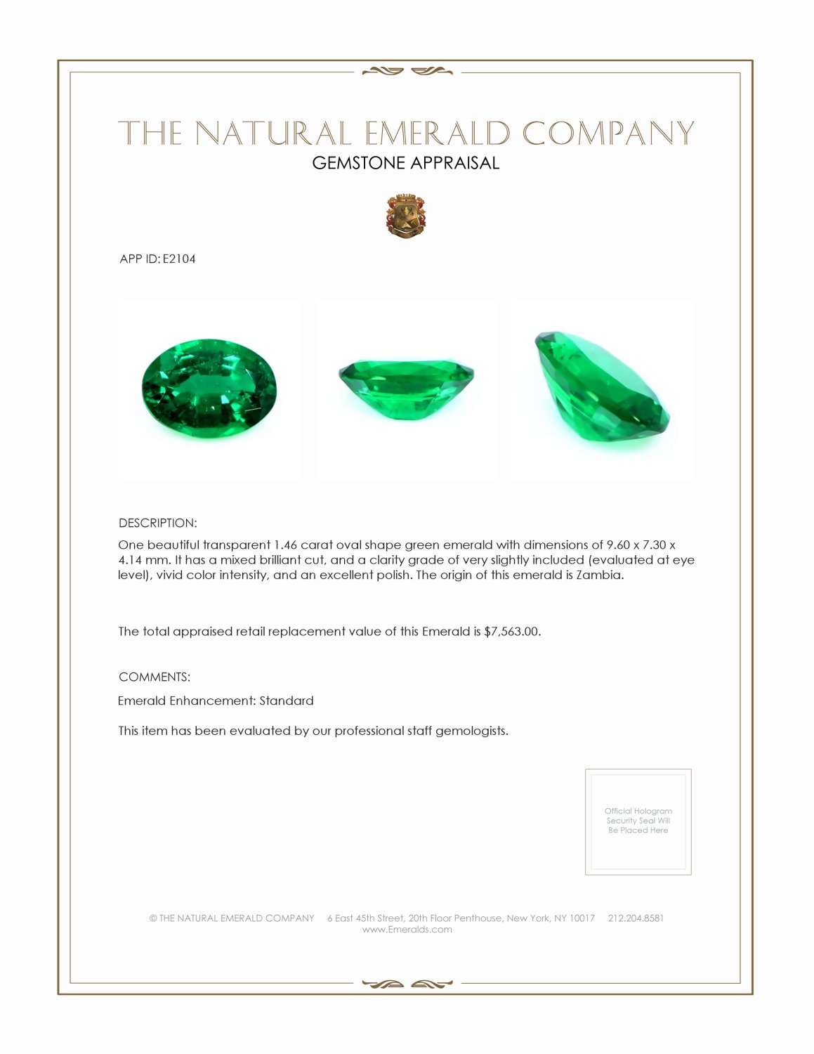 1.46 Ct. Emerald from Zambia