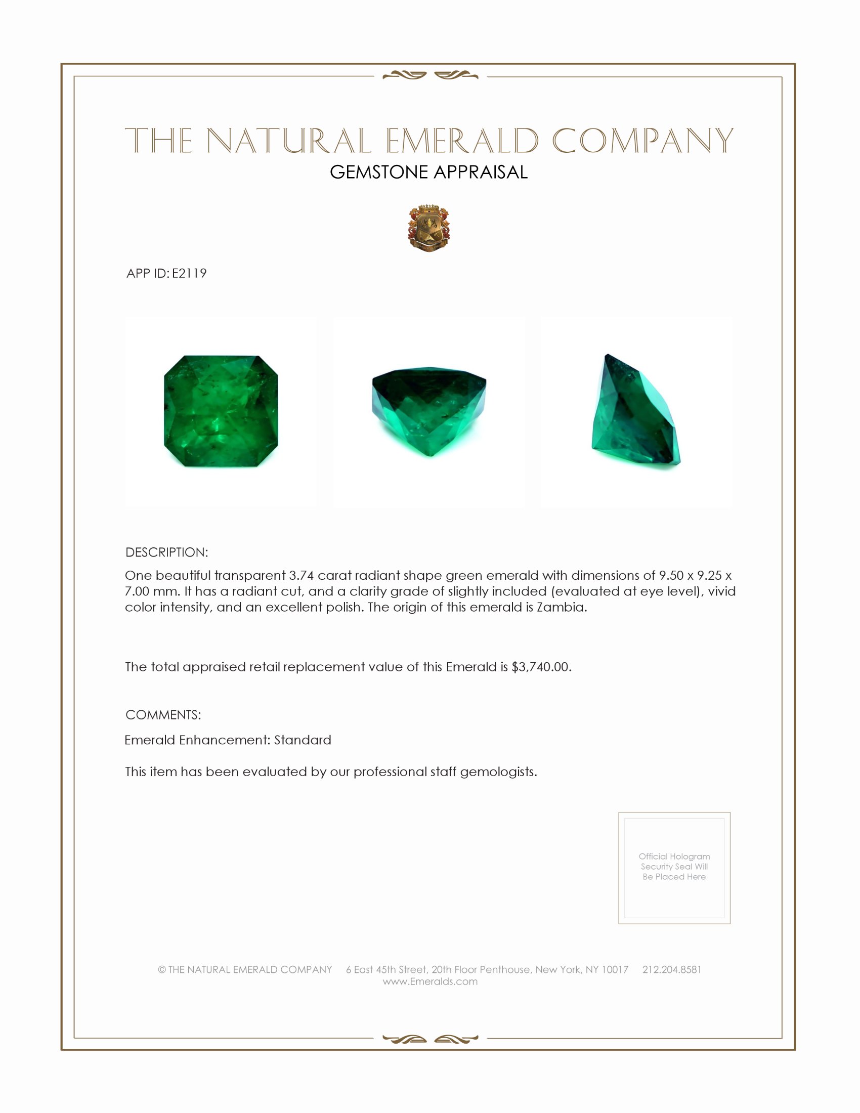 3.74 Ct. Emerald from Zambia