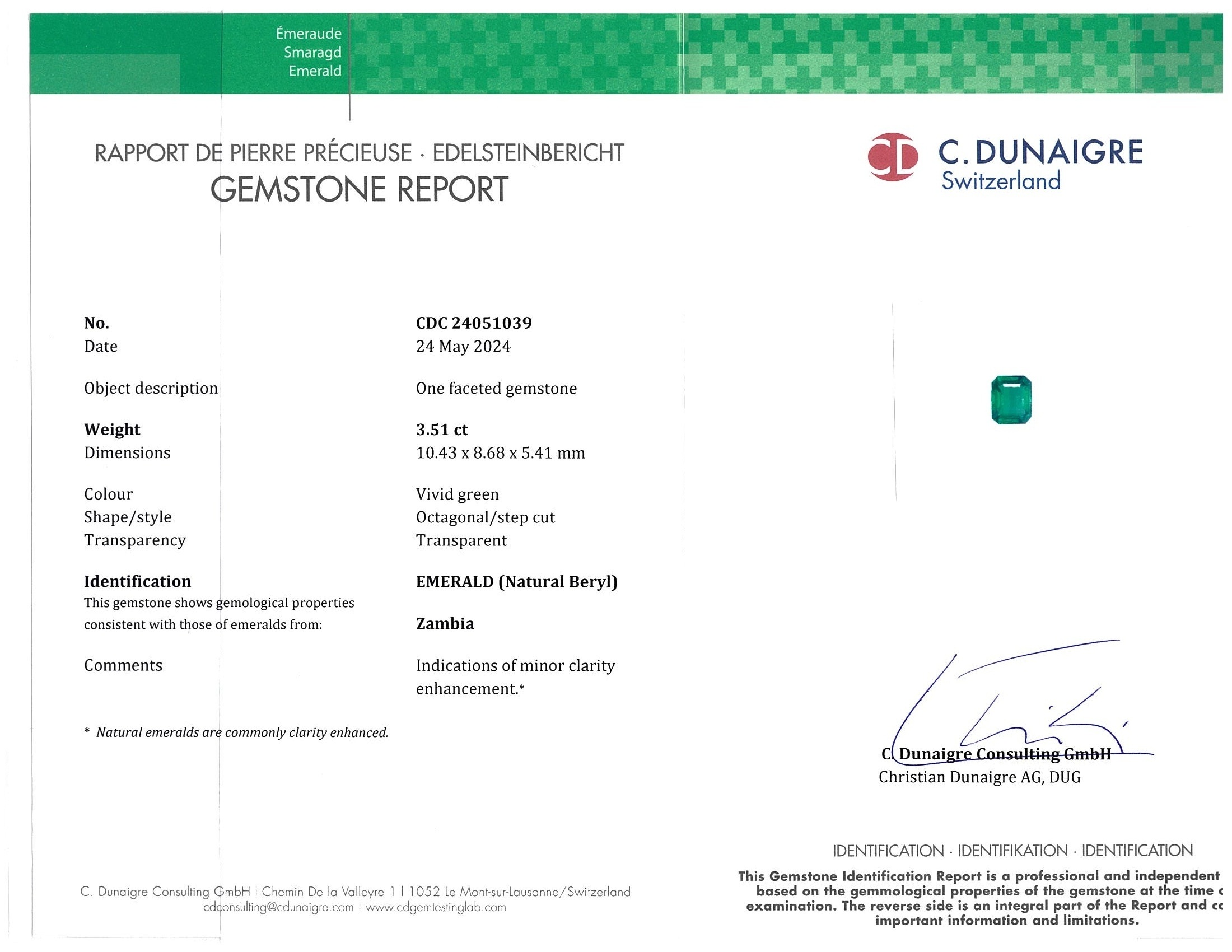 3.51 Ct. Emerald from Zambia