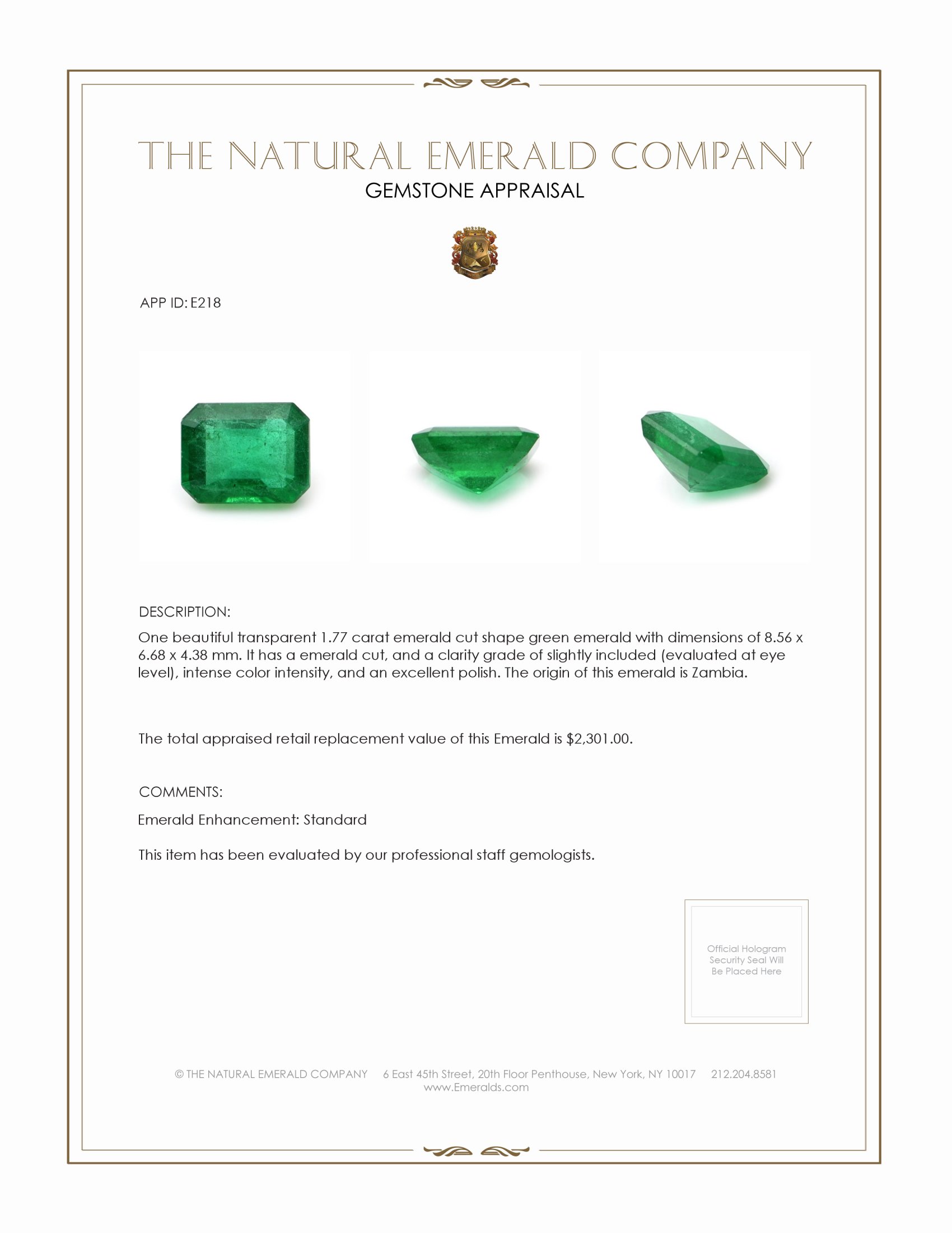 1.77 Ct. Emerald from Zambia