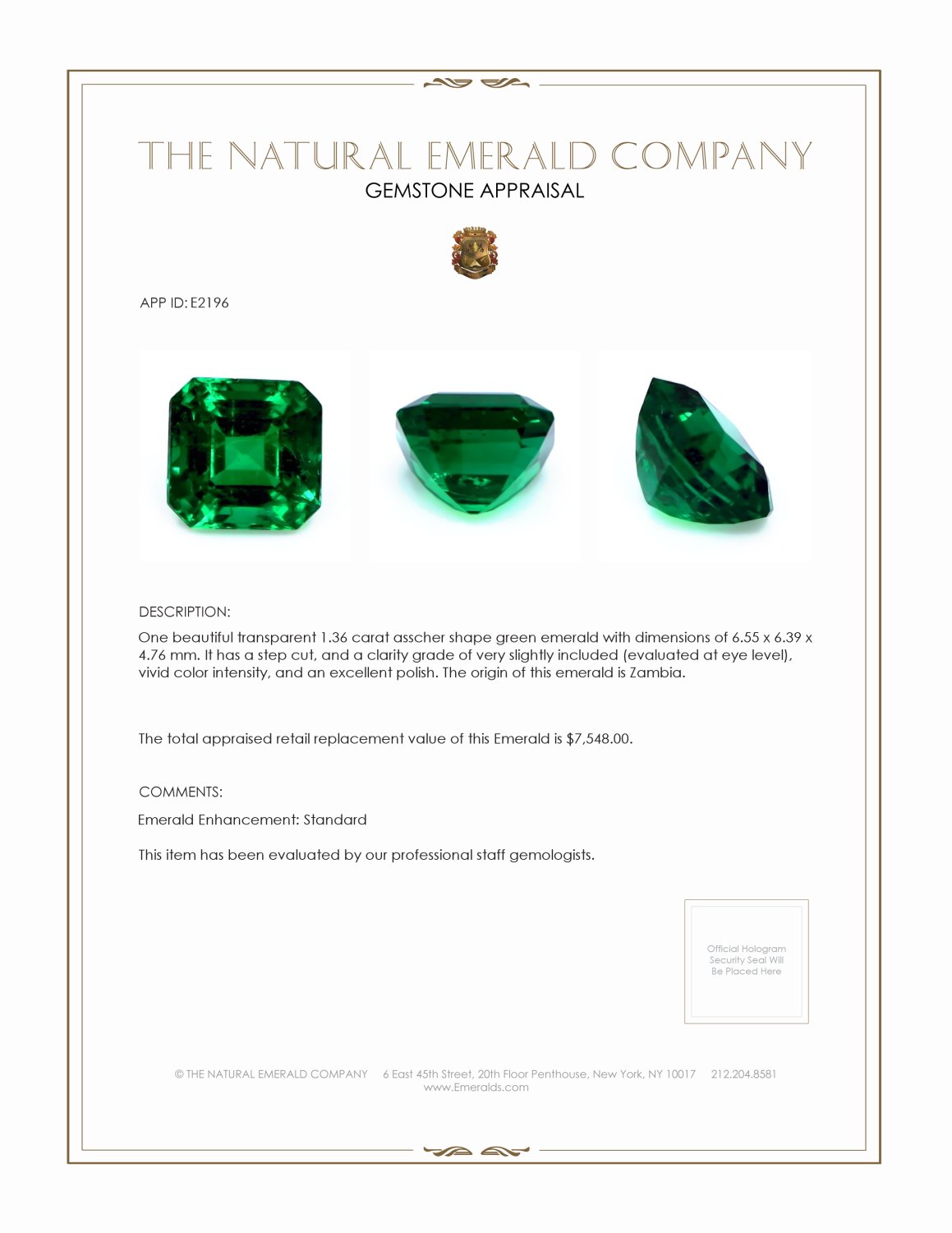1.36 Ct. Emerald from Zambia