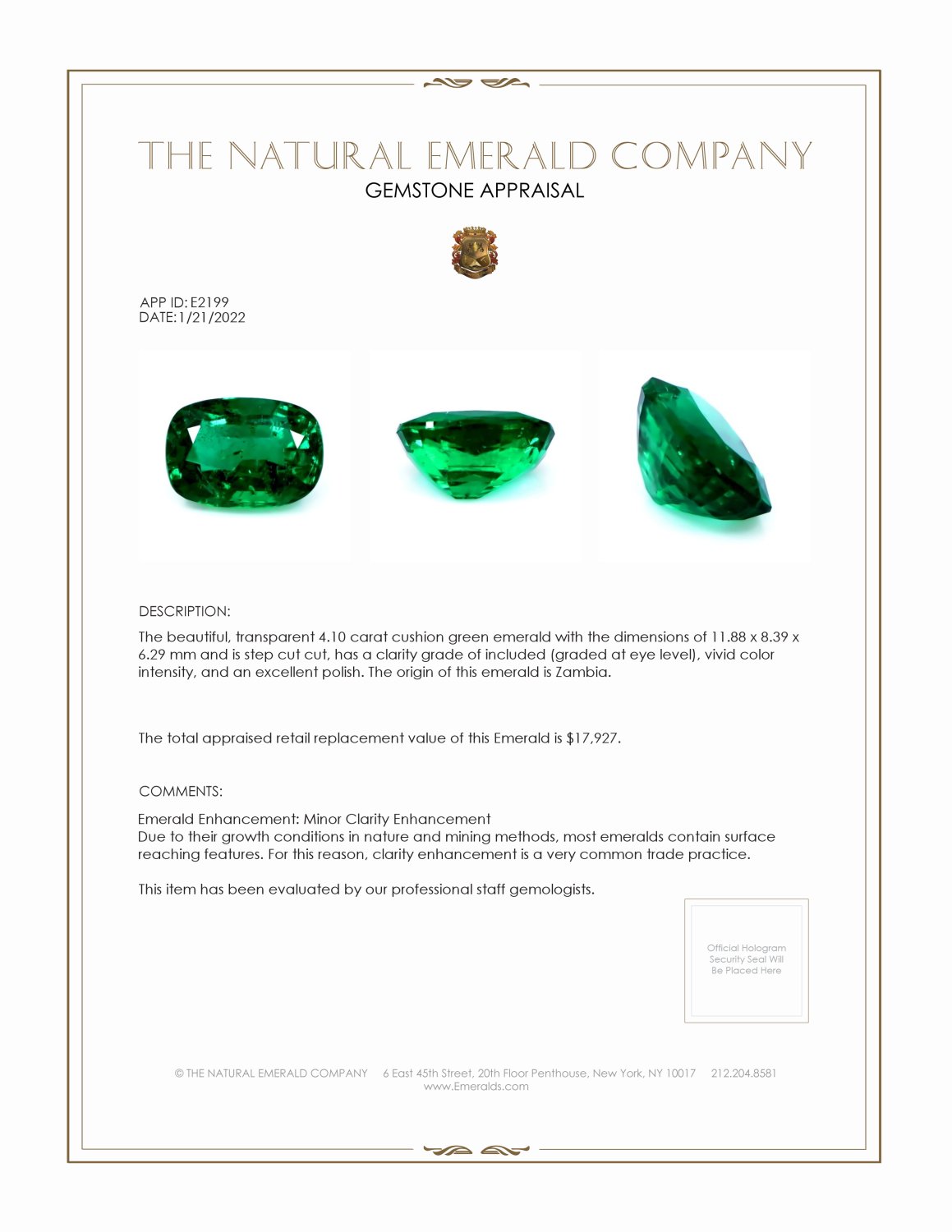 4.10 Ct. Emerald from Zambia