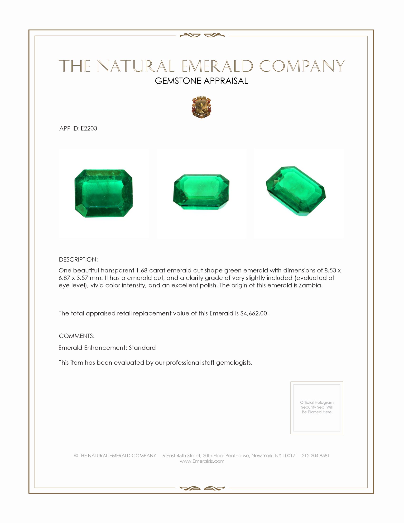 1.68 Ct. Emerald from Zambia