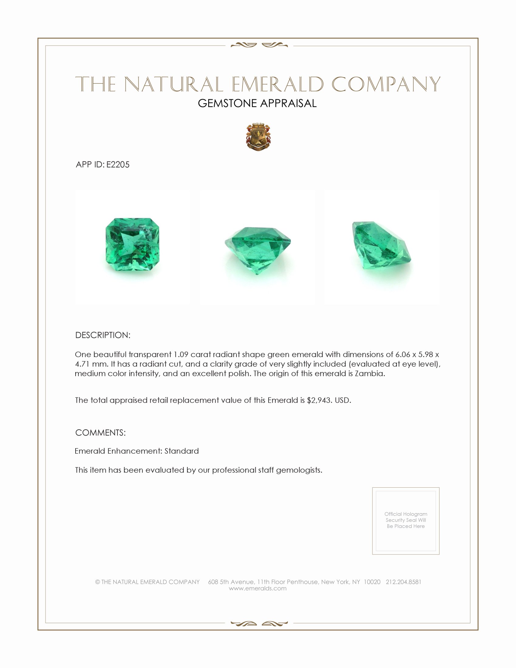 1.09 Ct. Emerald from Zambia