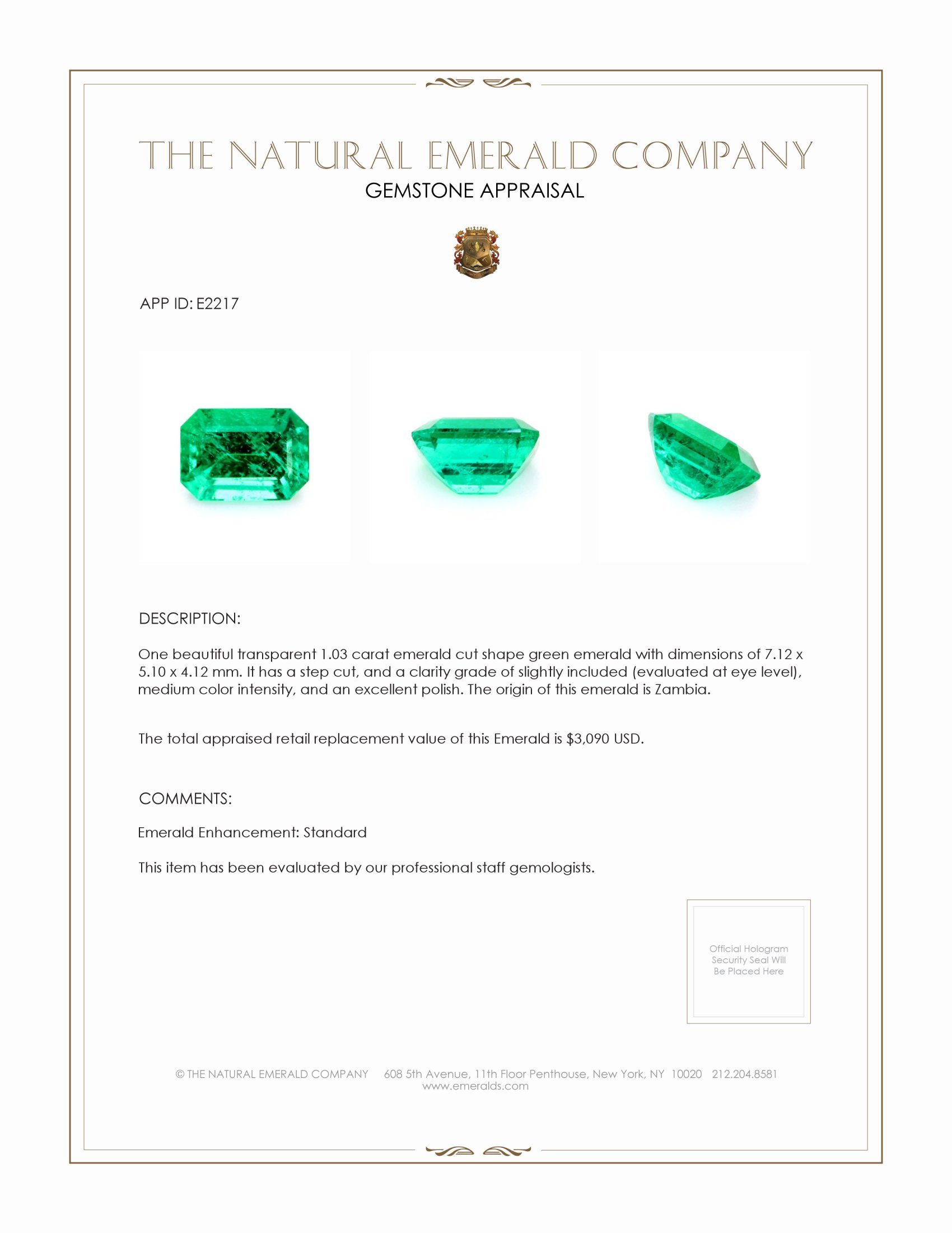 1.03 Ct. Emerald from Zambia