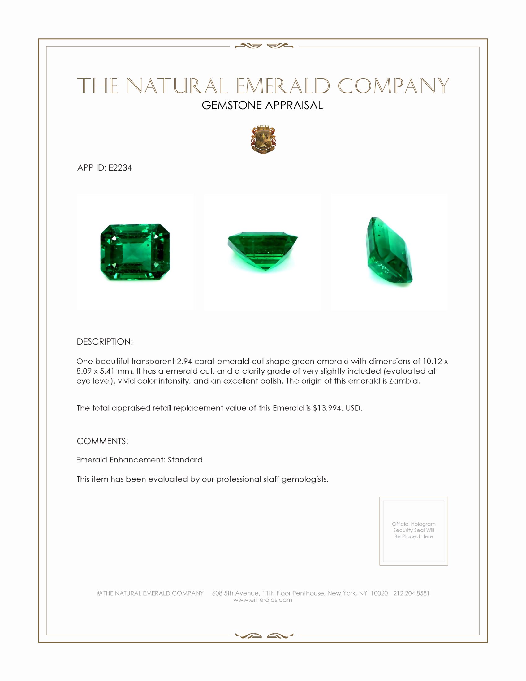2.94 Ct. Emerald from Zambia
