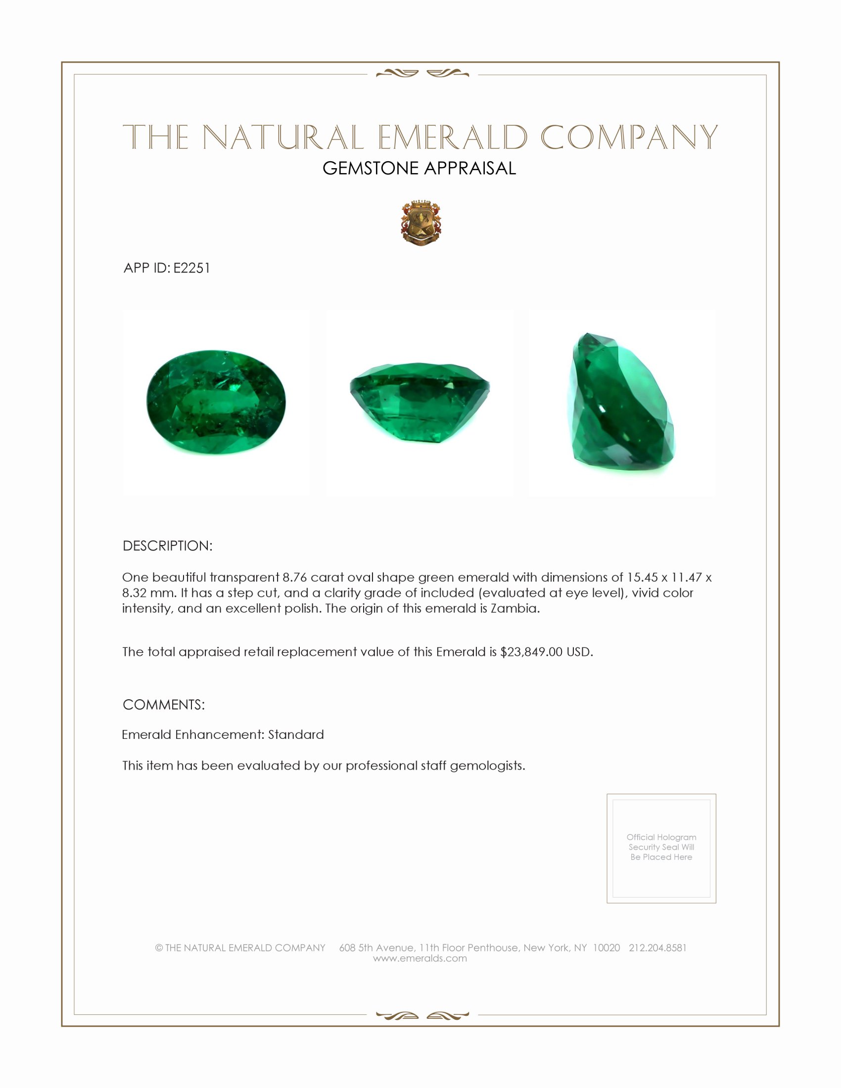 8.76 Ct. Emerald from Zambia