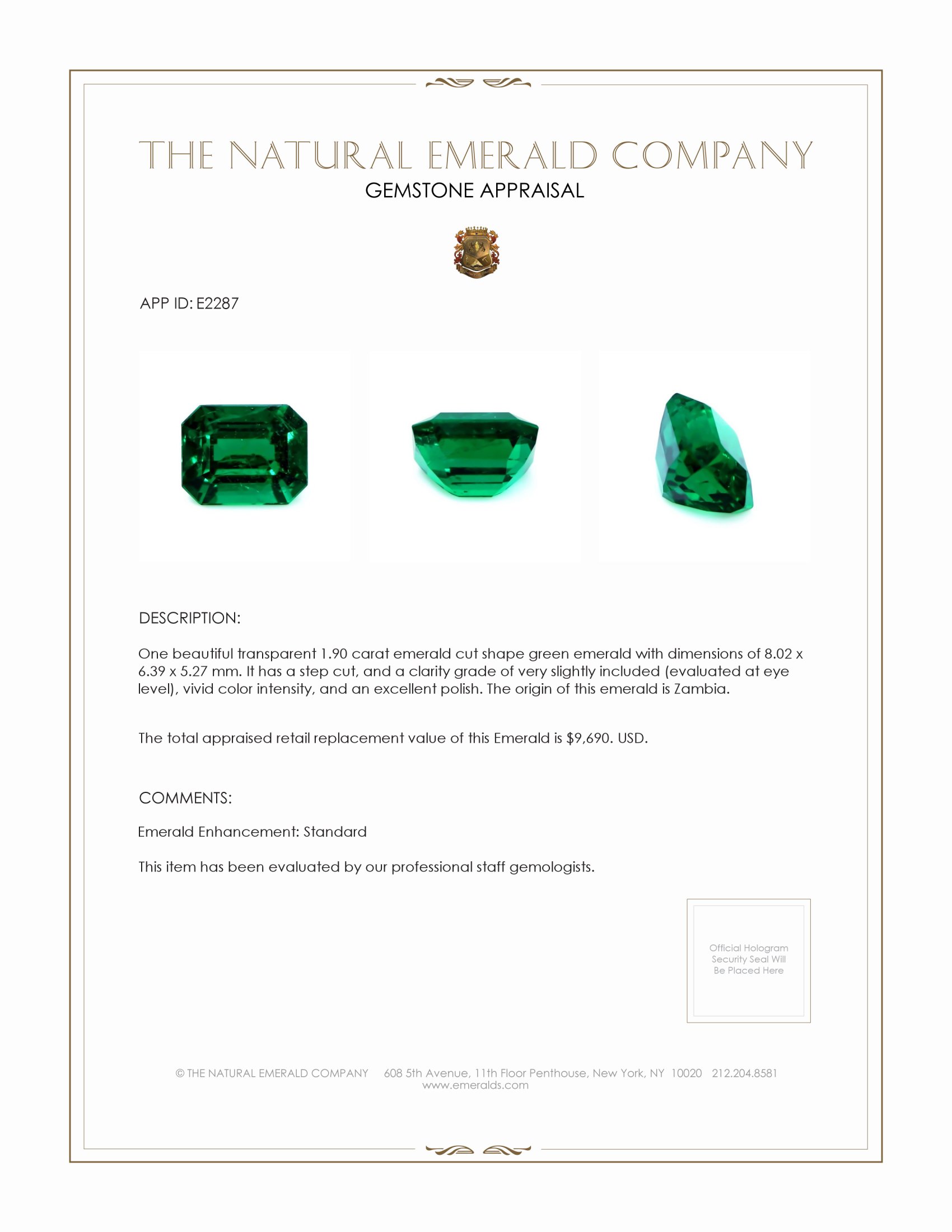 1.90 Ct. Emerald from Zambia