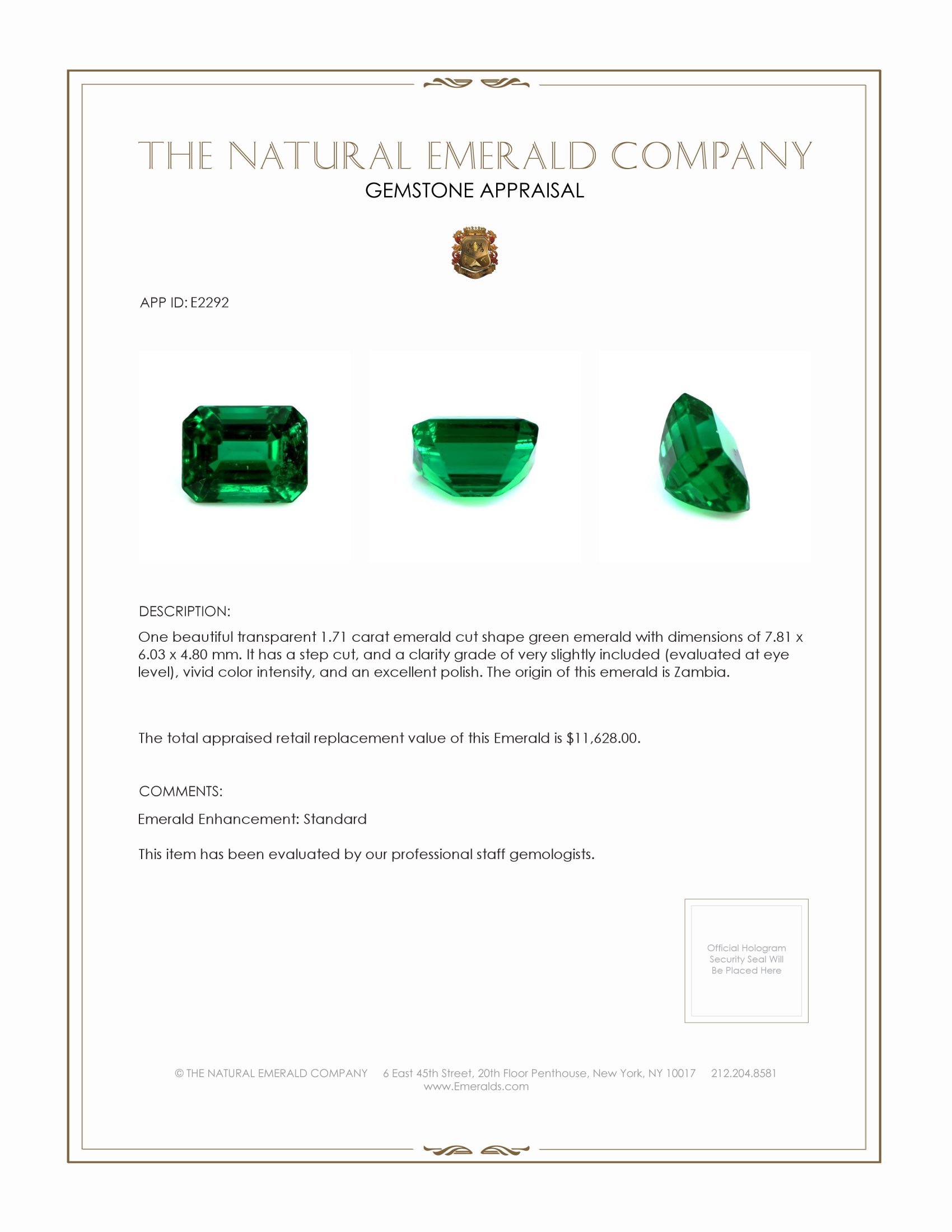 1.71 Ct. Emerald from Zambia