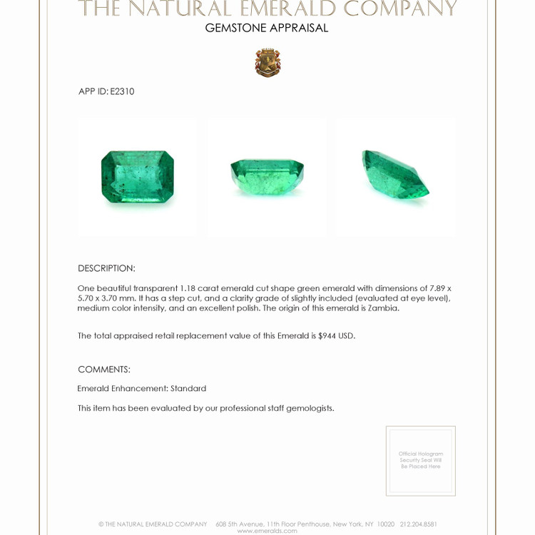1.18 Ct. Emerald from Zambia