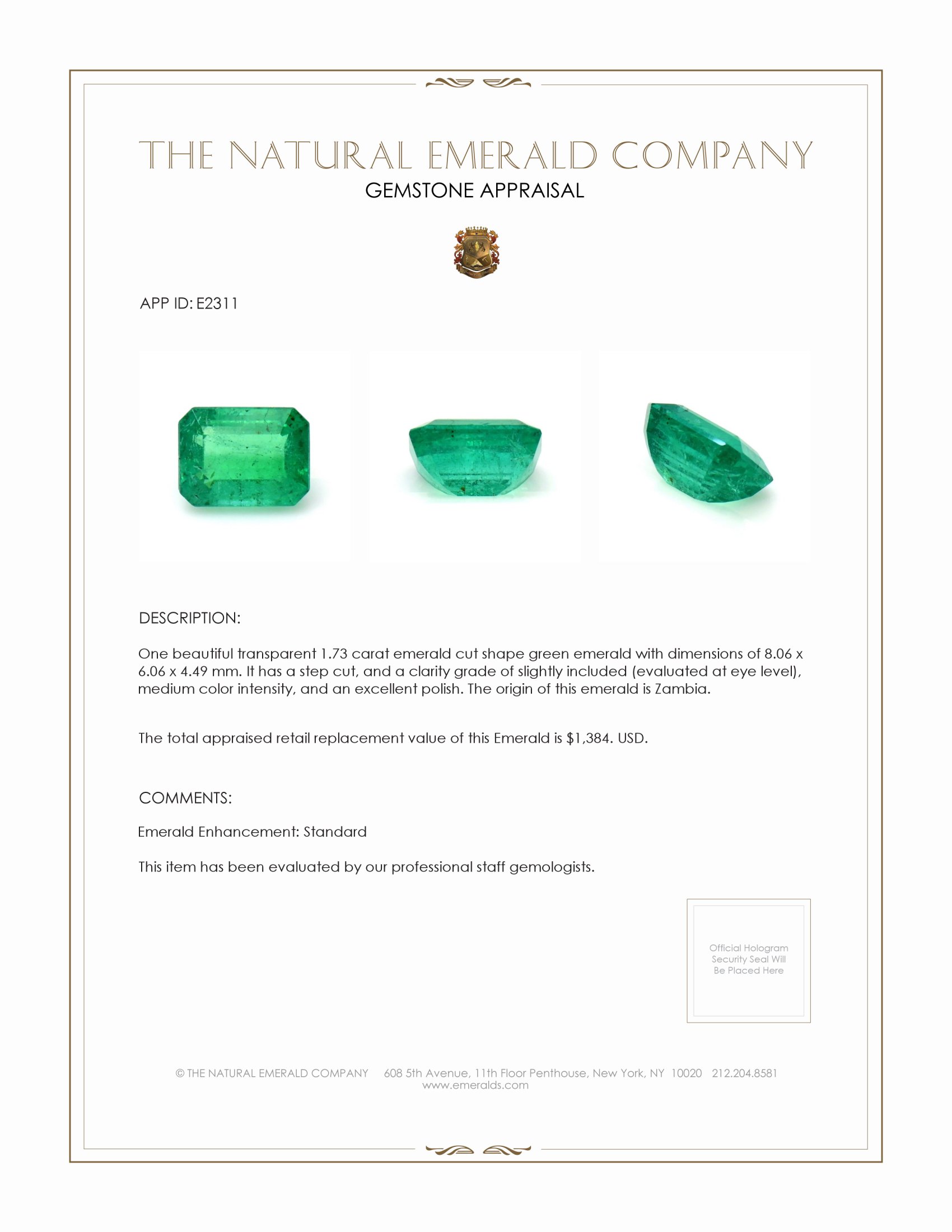 1.73 Ct. Emerald from Zambia