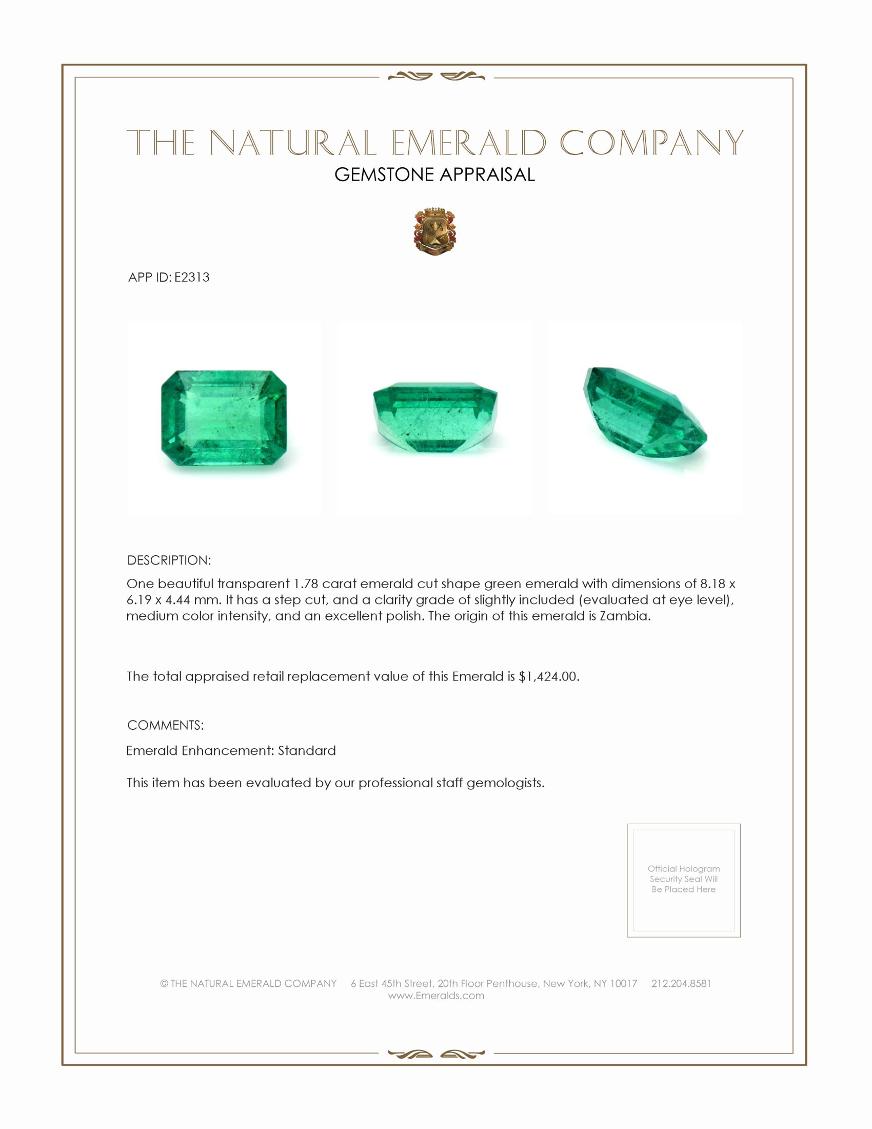 1.78 Ct. Emerald from Zambia