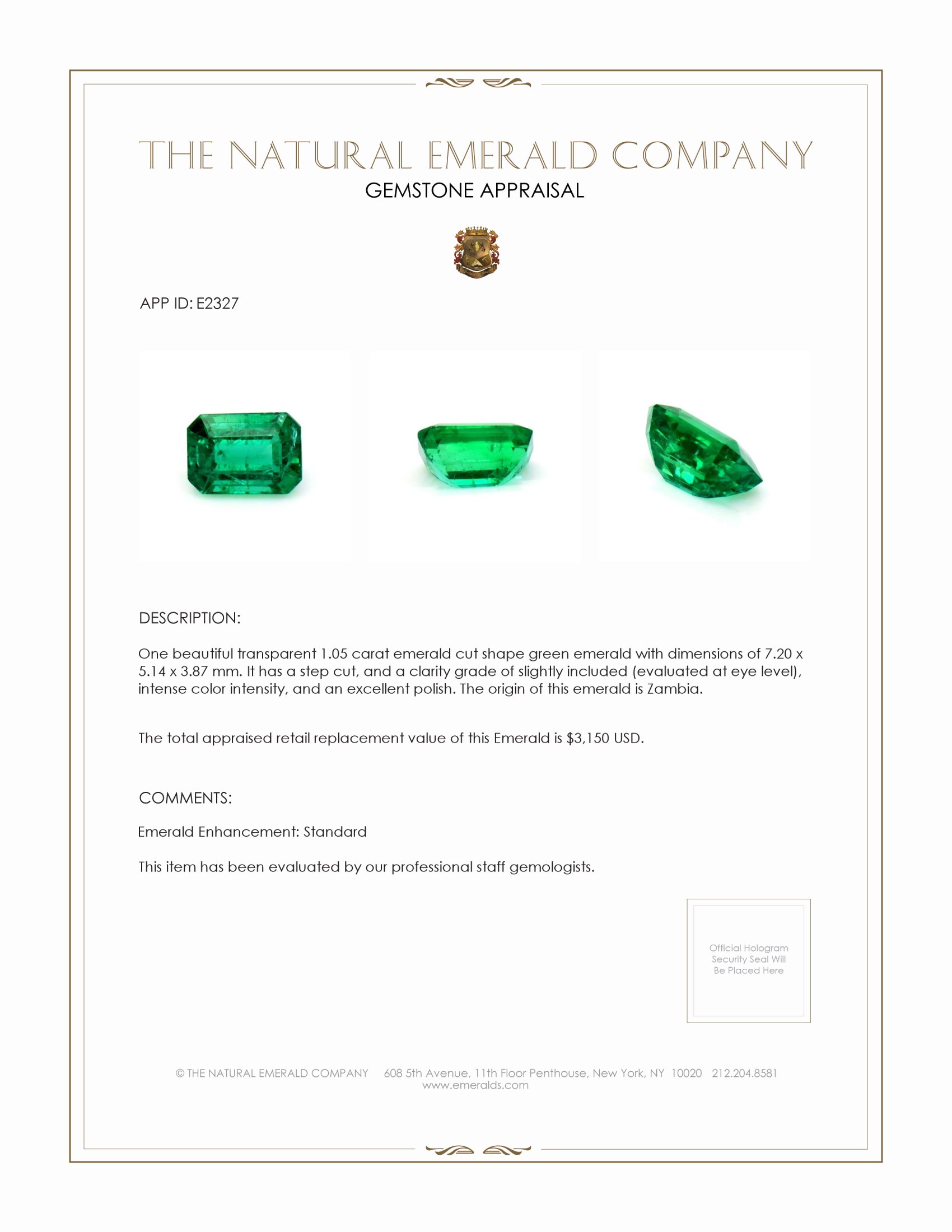 1.05 Ct. Emerald from Zambia