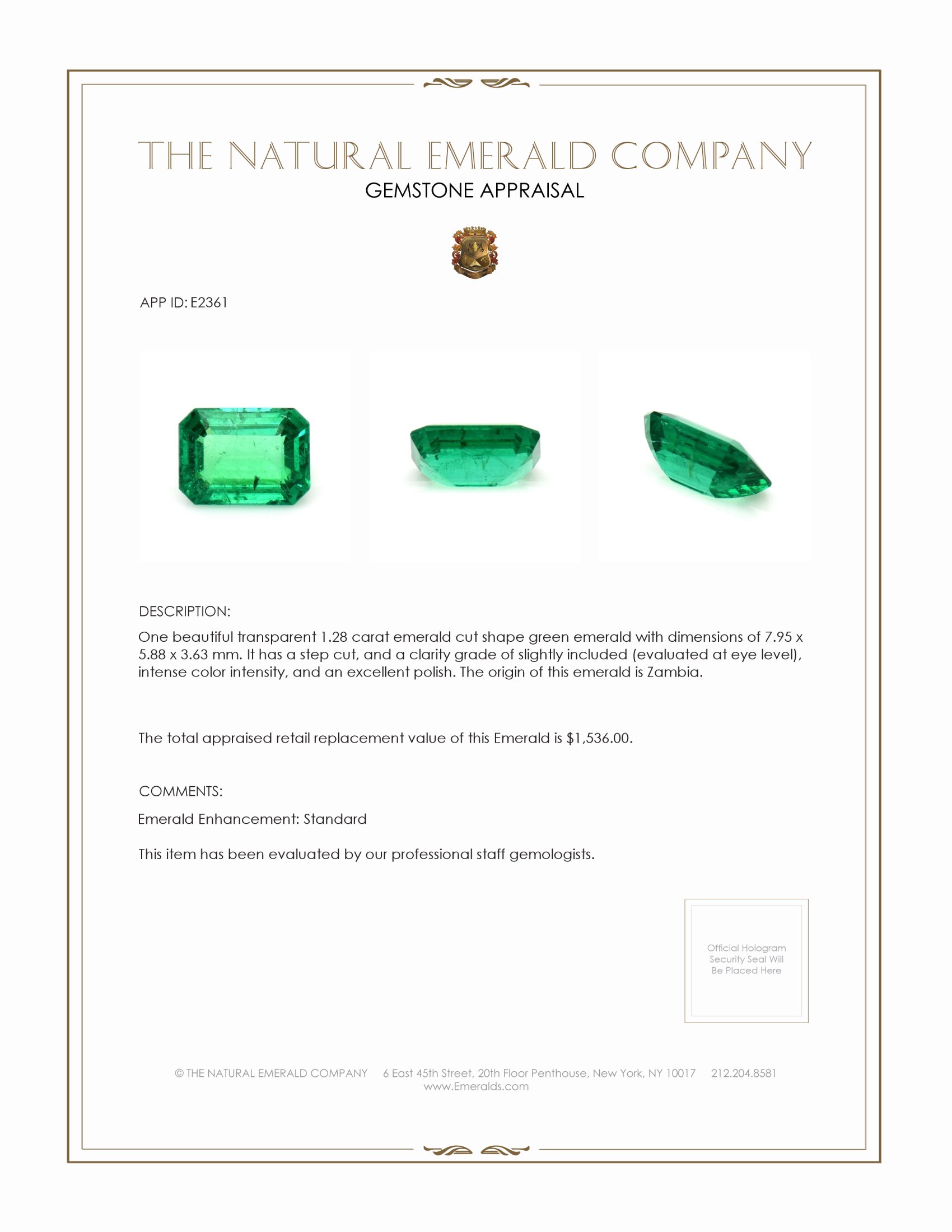 1.28 Ct. Emerald from Zambia