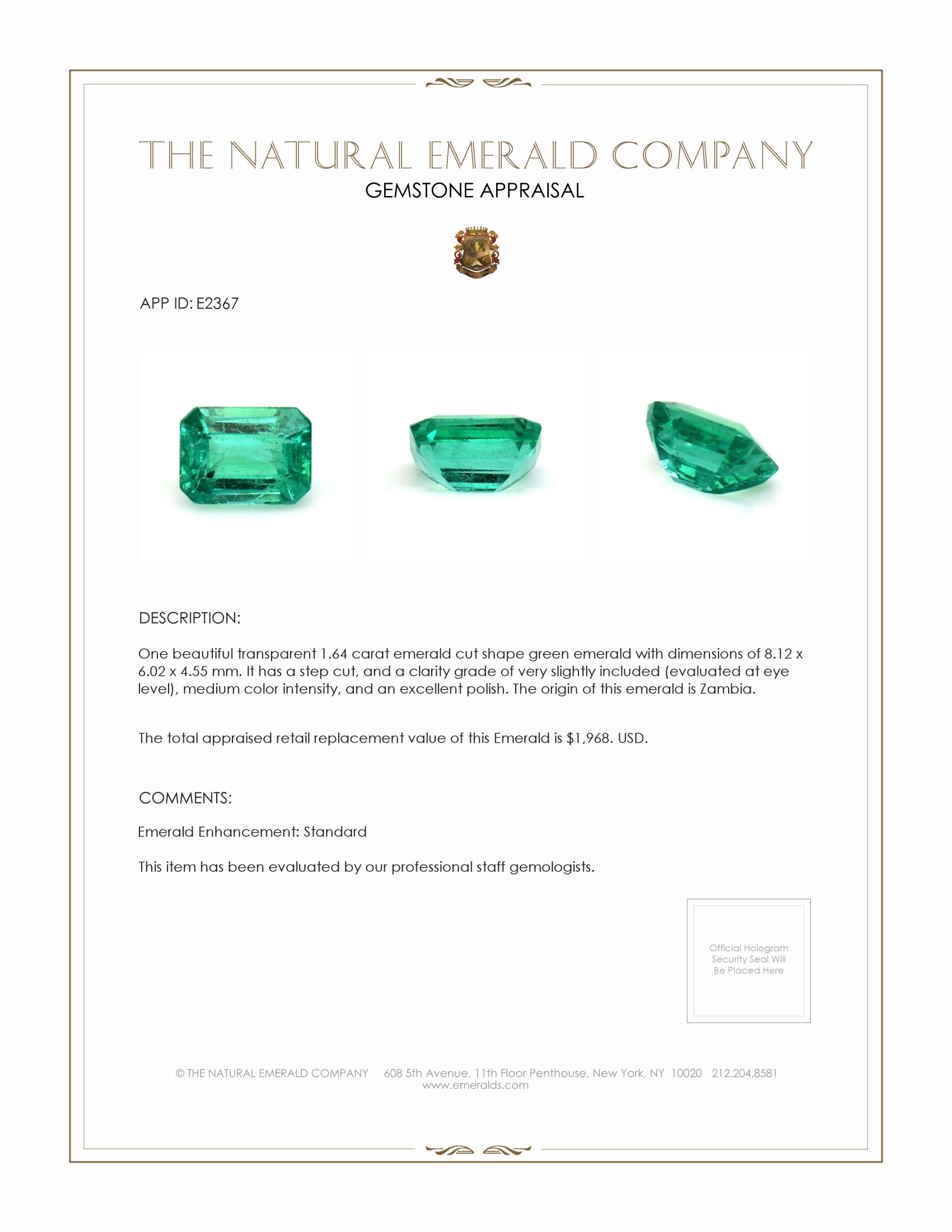 1.64 Ct. Emerald from Zambia