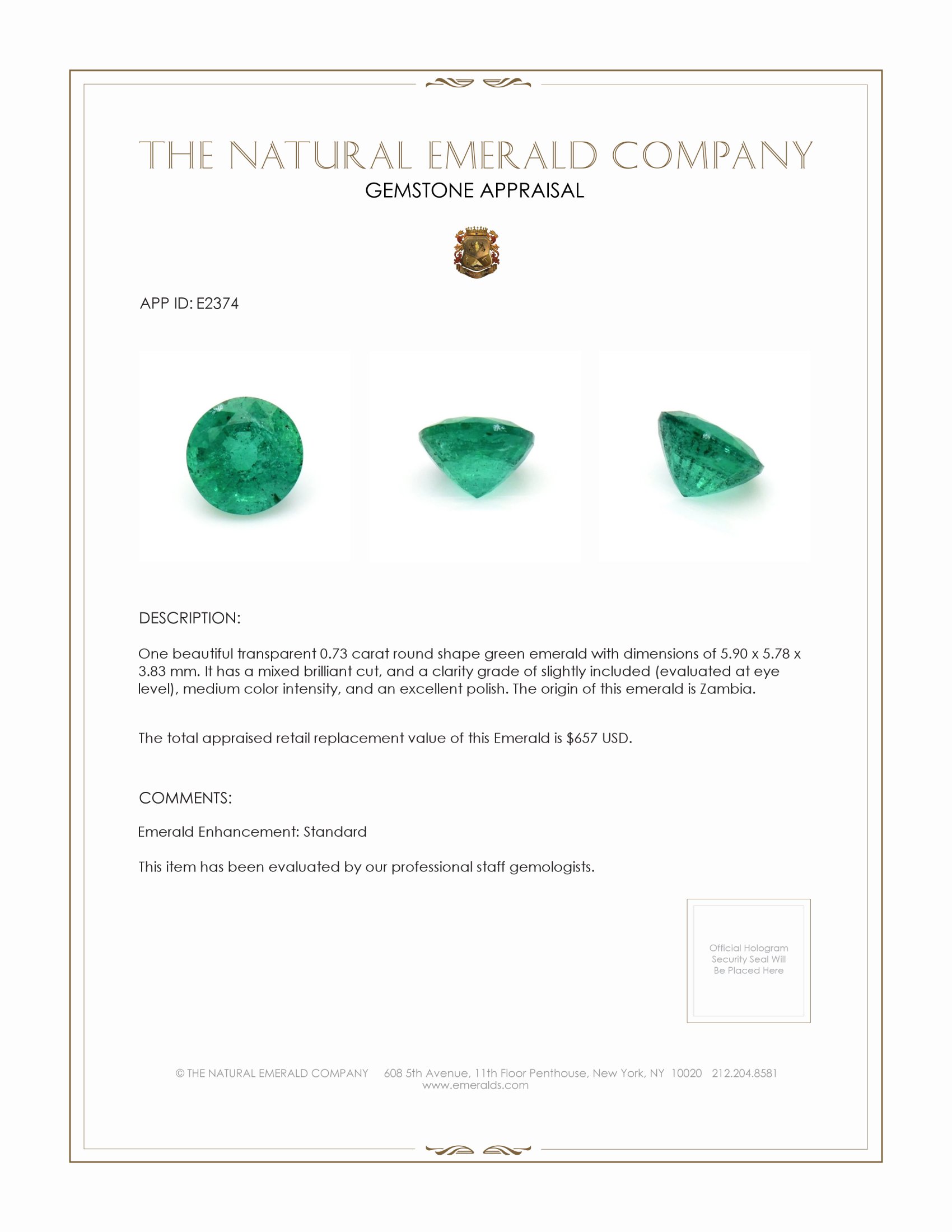 0.73 Ct. Emerald from Zambia