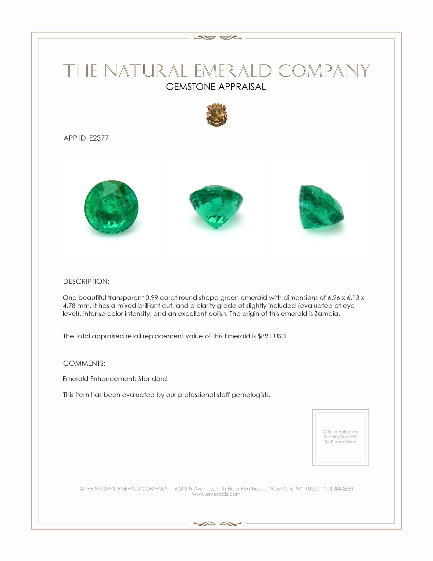 0.99 Ct. Emerald from Zambia