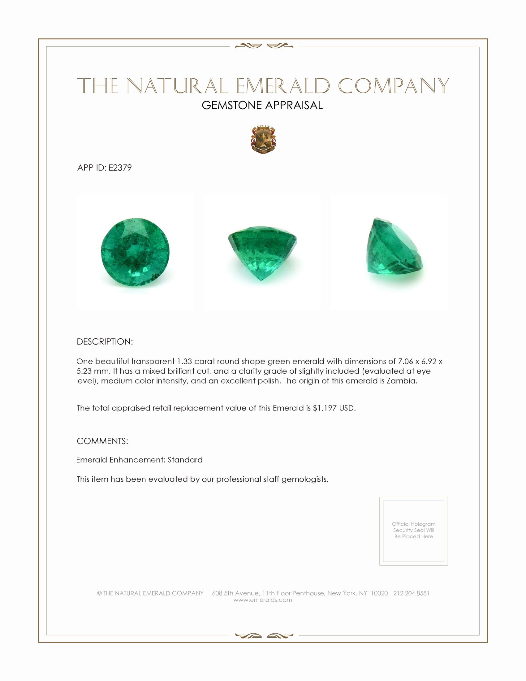 1.33 Ct. Emerald from Zambia