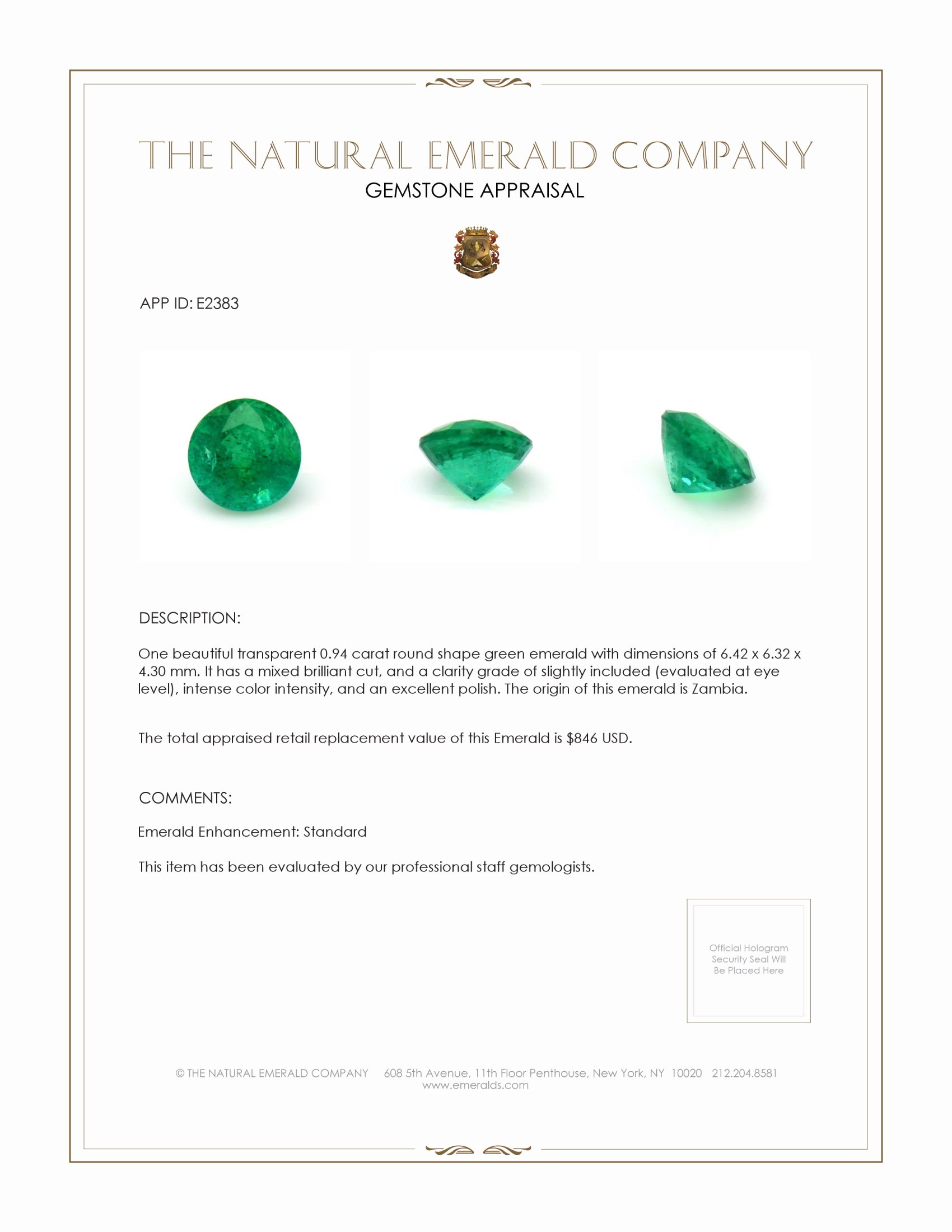 0.94 Ct. Emerald from Zambia