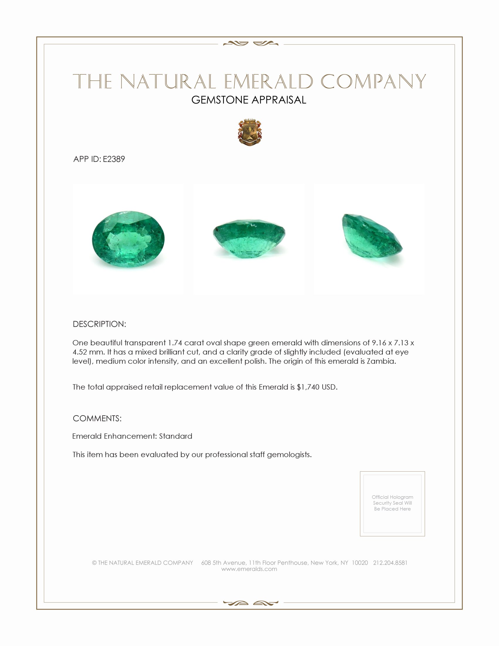 1.74 Ct. Emerald from Zambia