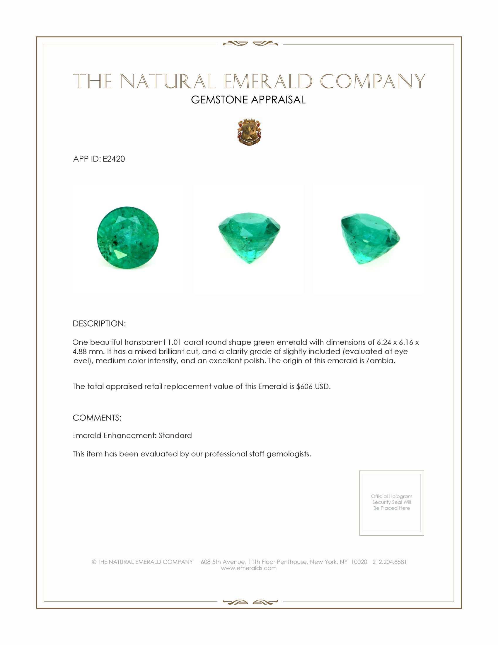 1.01 Ct. Emerald from Zambia