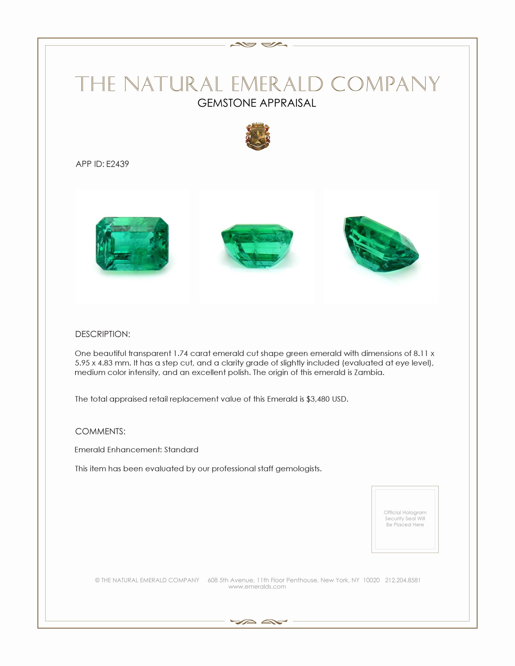 1.74 Ct. Emerald from Zambia