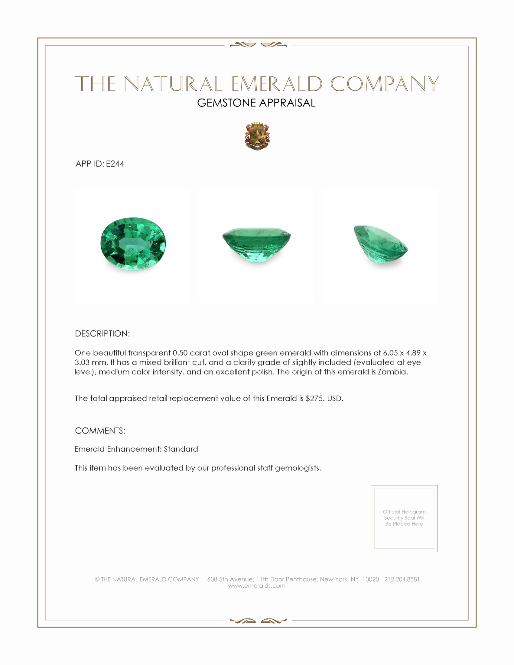 Loose Emerald - Oval 0.5 Ct. - #E244 | The Natural Emerald Company