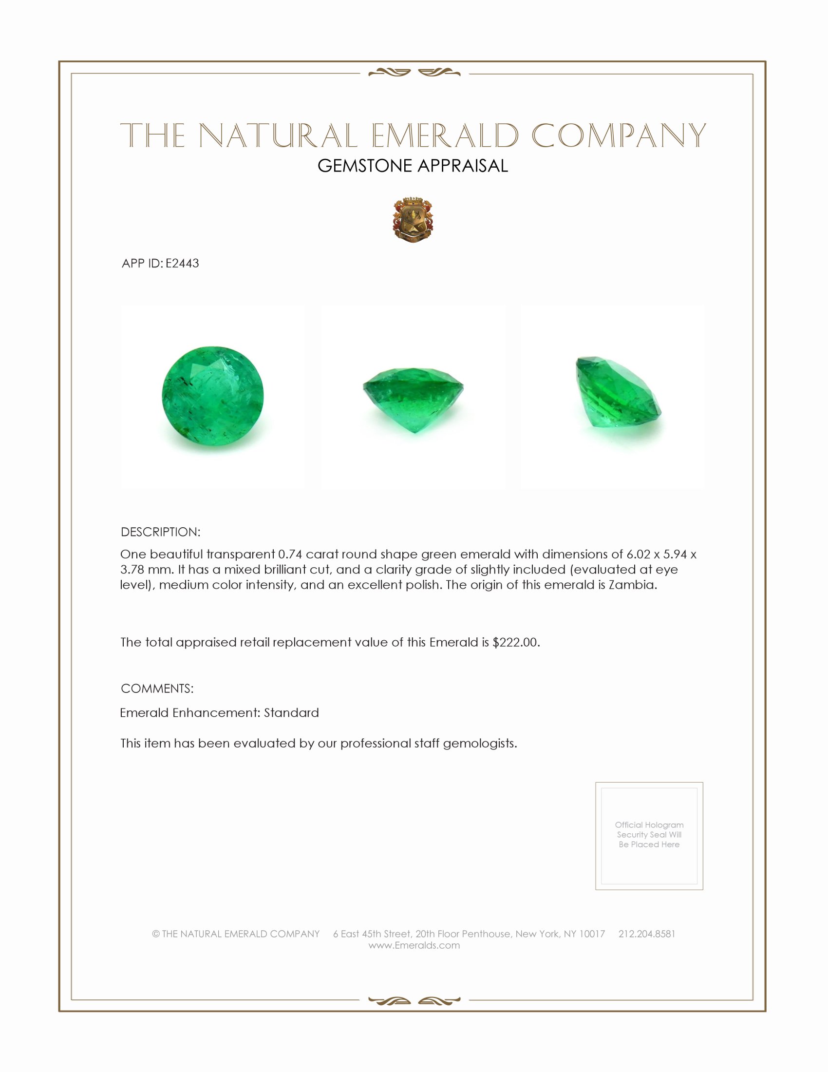 0.74 Ct. Emerald from Zambia