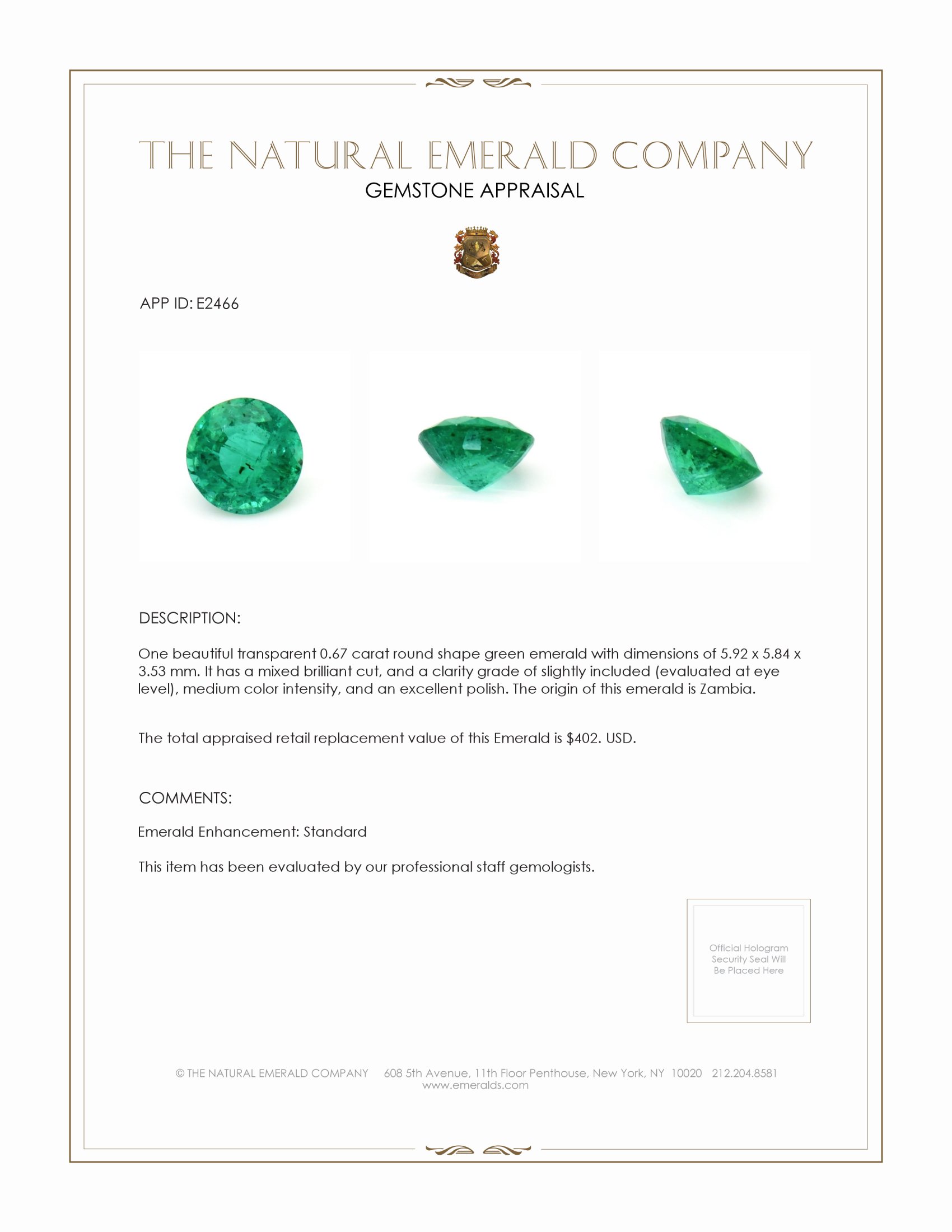 0.67 Ct. Emerald from Zambia