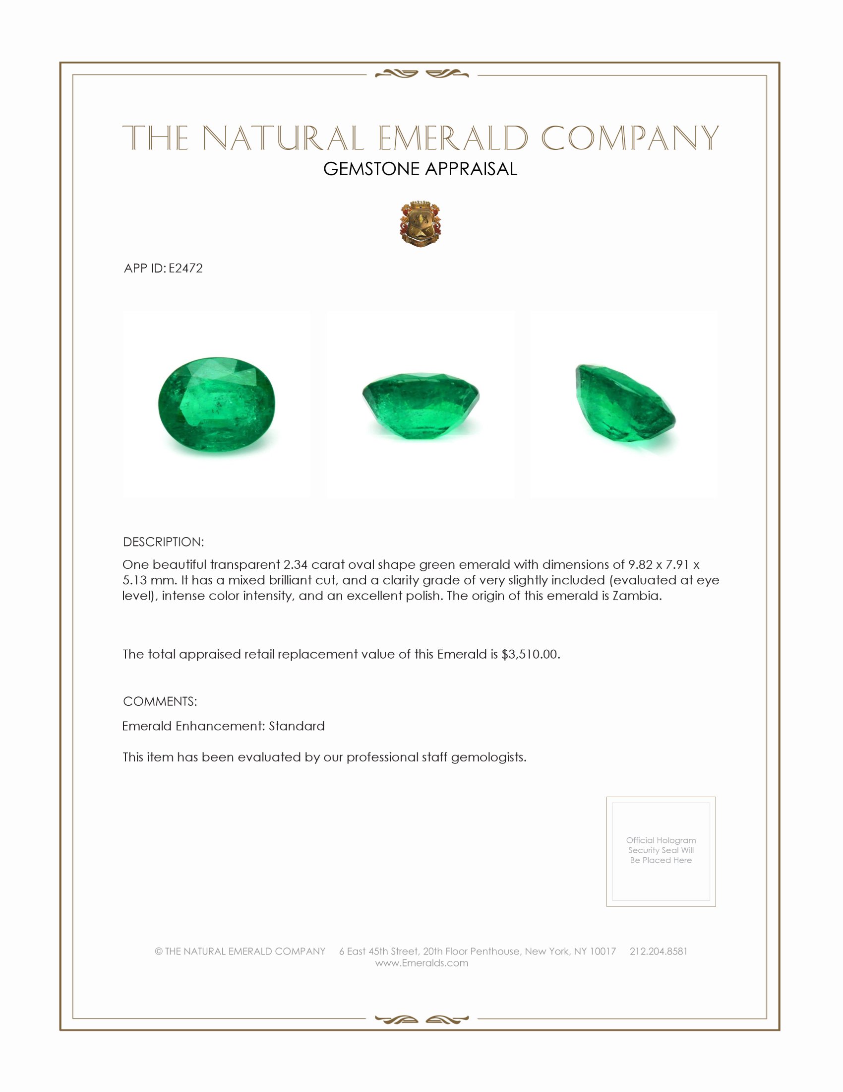 2.34 Ct. Emerald from Zambia