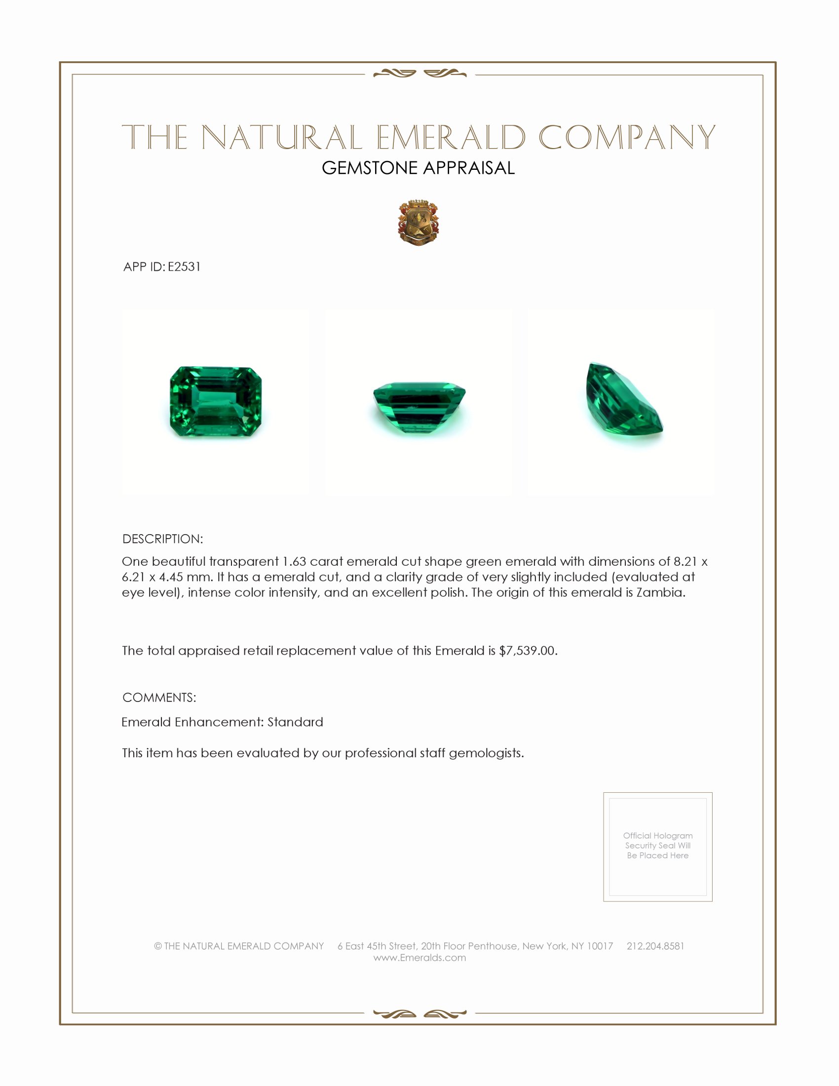 1.63 Ct. Emerald from Zambia