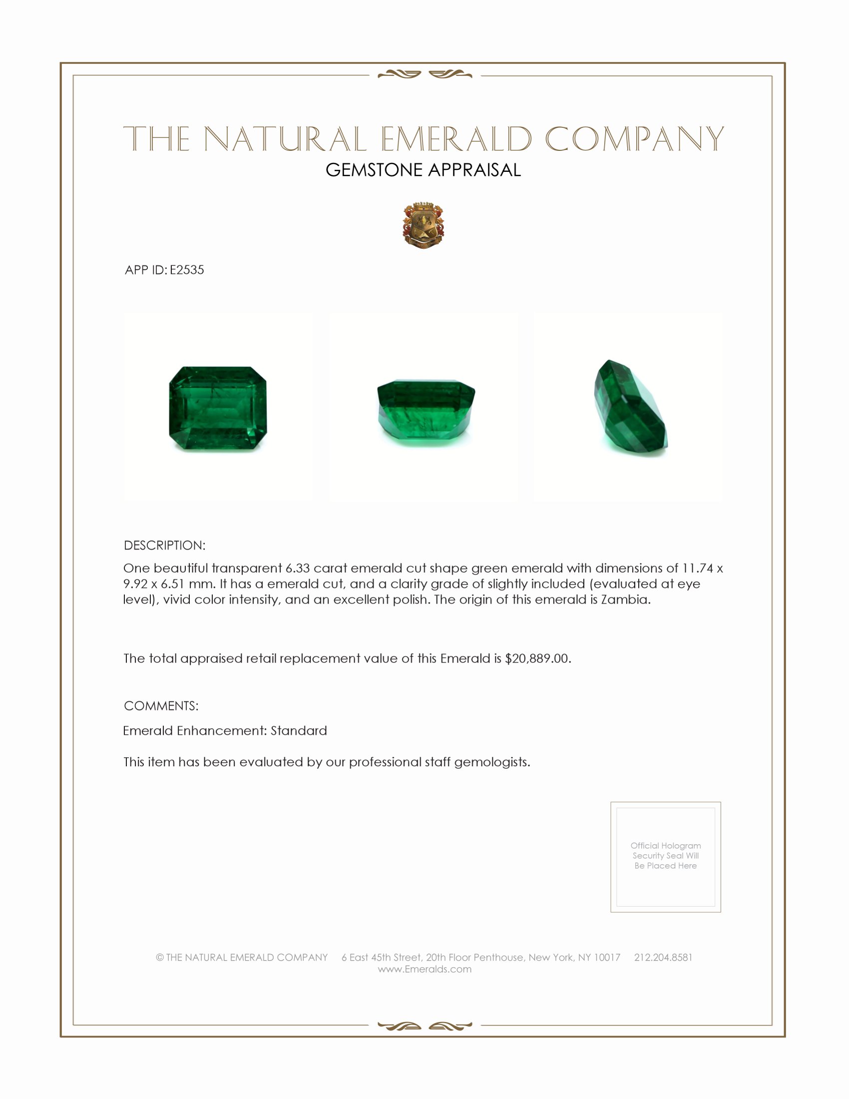 6.33 Ct. Emerald from Zambia