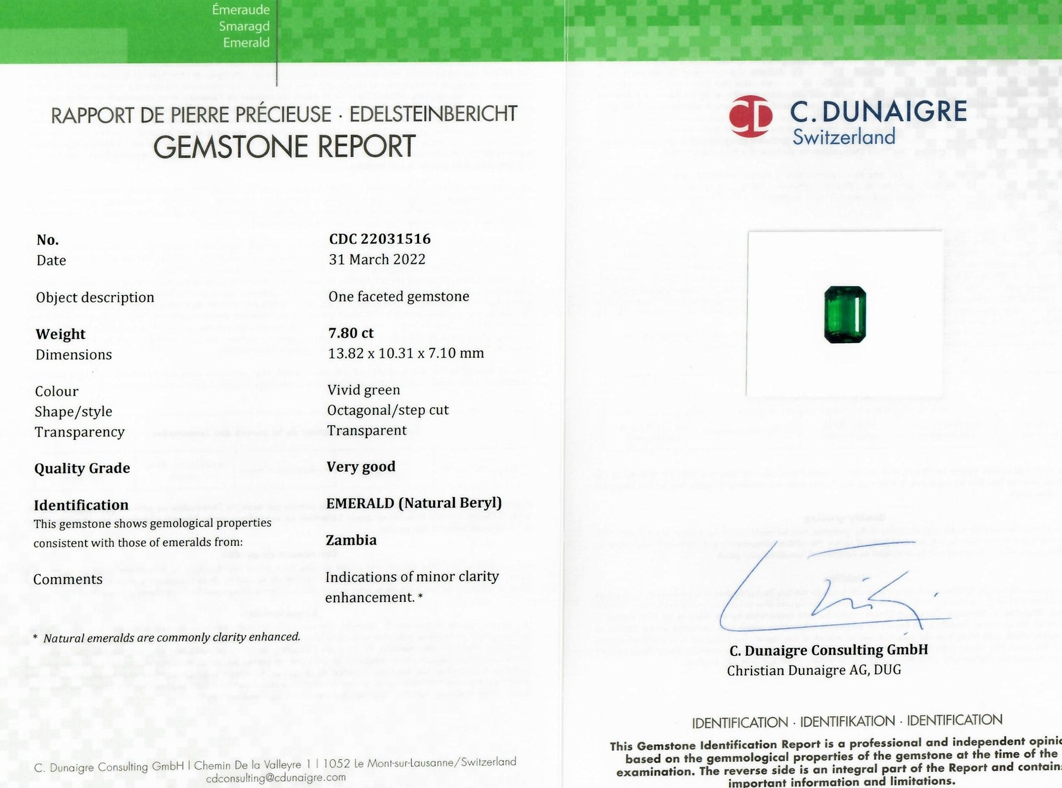 7.80 Ct. Emerald from Zambia