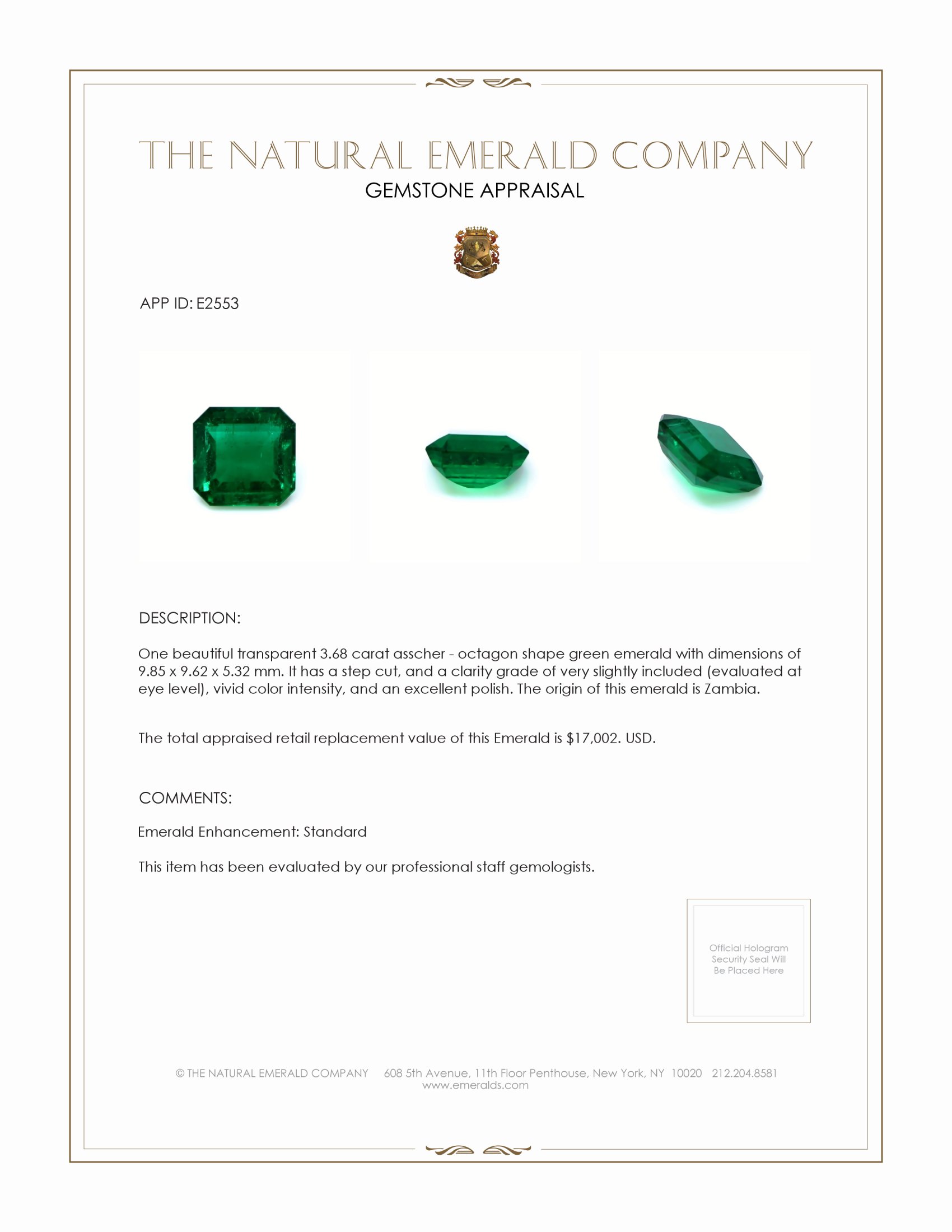 3.68 Ct. Emerald from Zambia