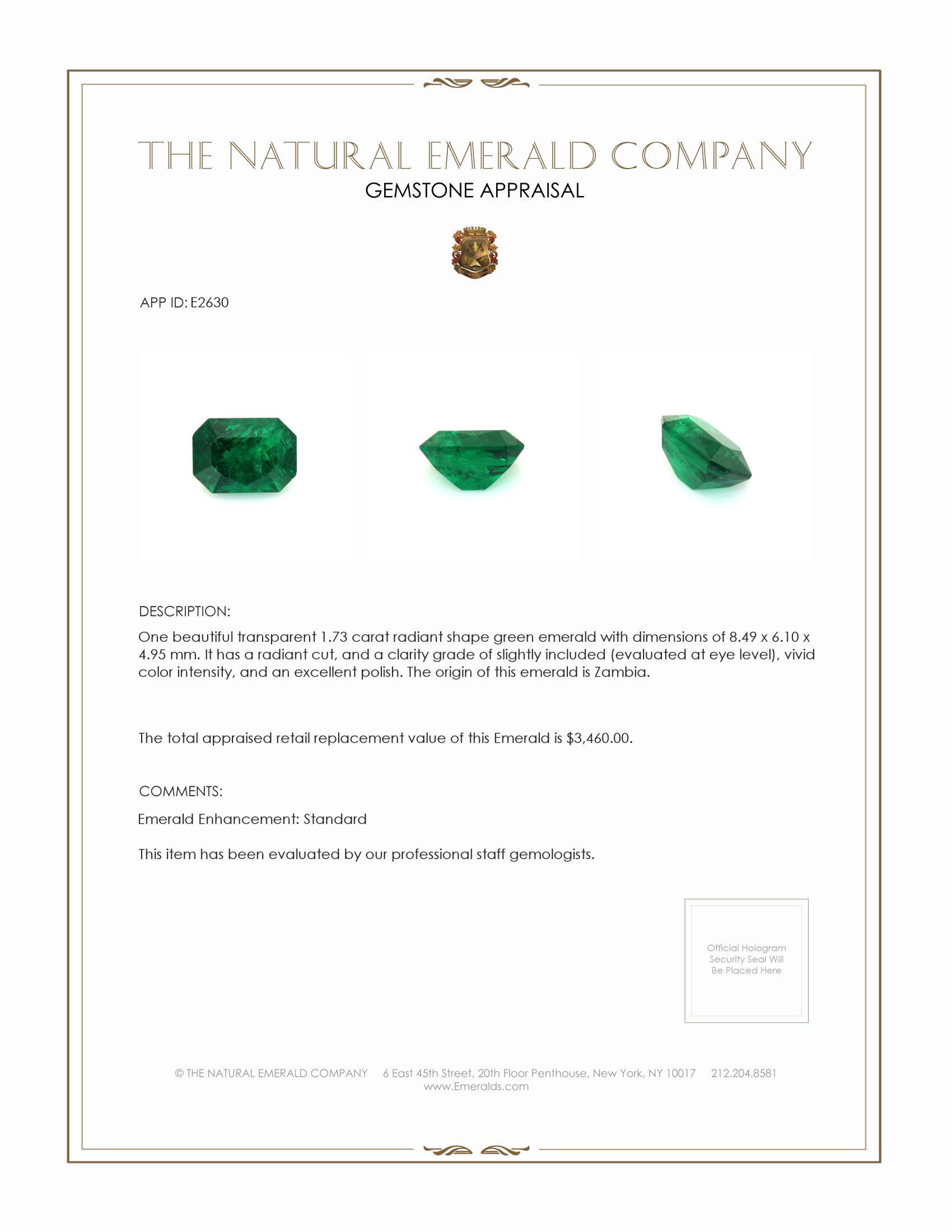 1.73 Ct. Emerald from Zambia